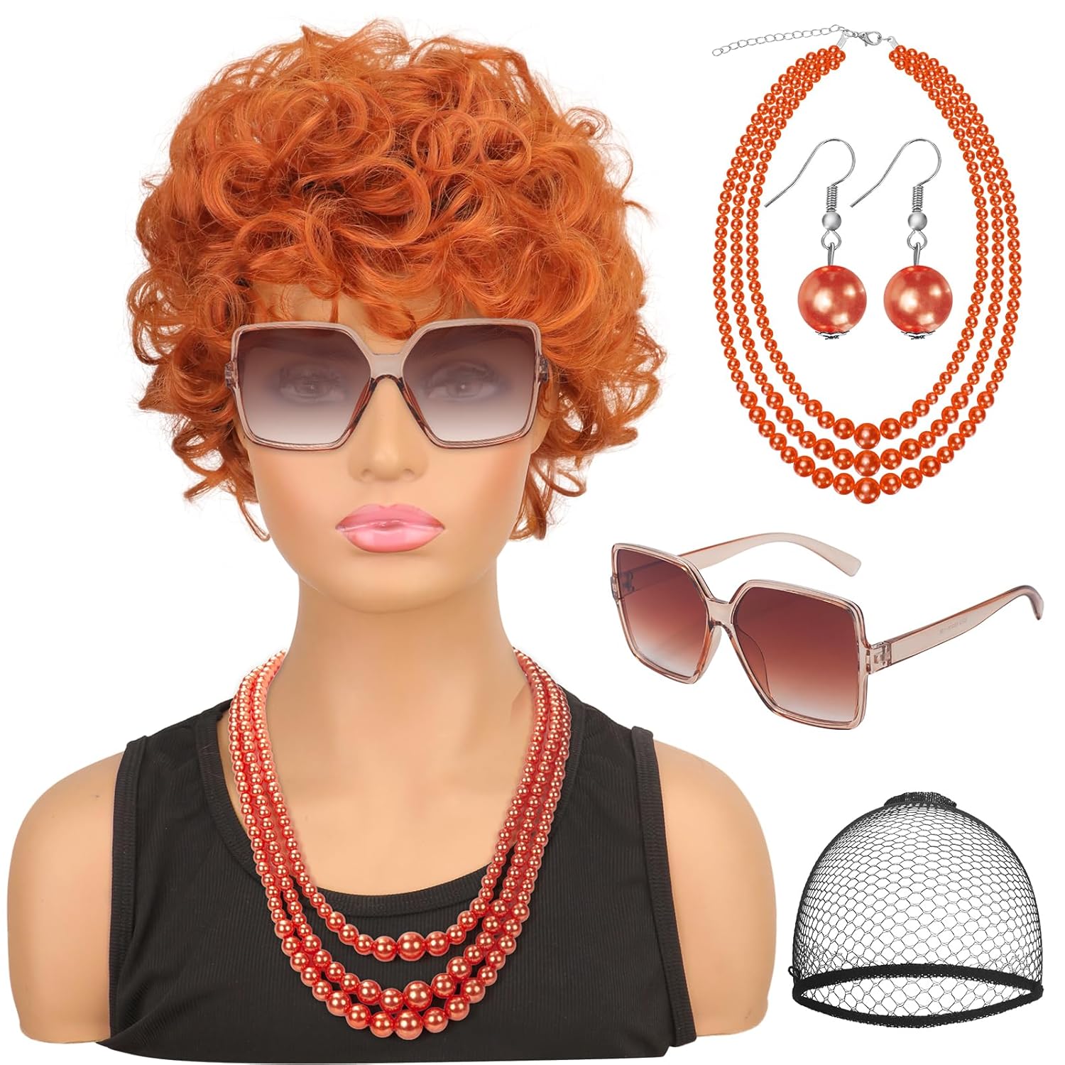 Women Short Orange Red Curly Wig, Mrs Cosplay Costume Wig for Roper with Sunglasses and Orange Necklace Earrings Jewelry Set for Halloween Party
