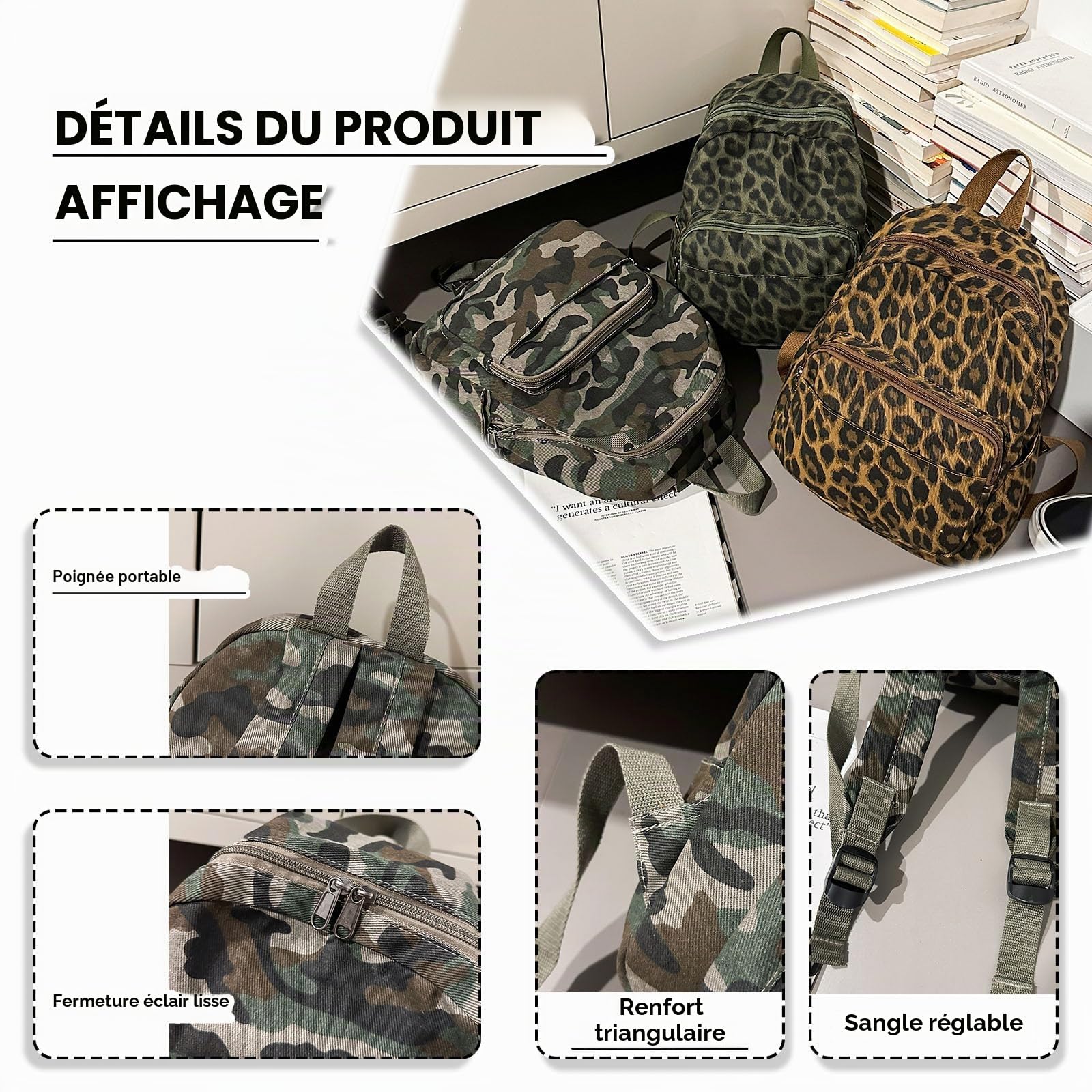 Petit sac à dos pour femme - Motif léopard - Petit sac à dos - Sac à dos pour enfants - Pour voyage, travail, tous les jours - Mode - Pour femmes, filles, adolescents - Unisexe