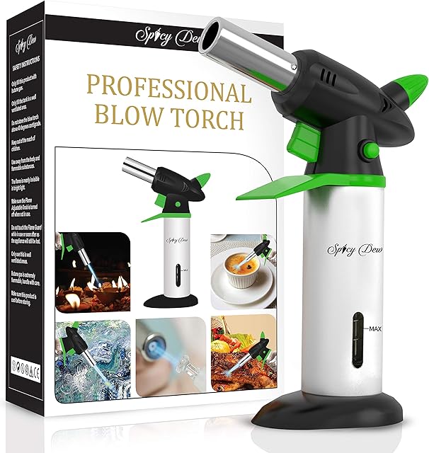 Spicy Dew Blow Torch - Creme Brulee Torch - Refillable Professional Culinary Kitchen Torch with Safety Lock and Adjustable Flame - Micro Butane Torch with Fuel Gauge - Cooking Food Torch