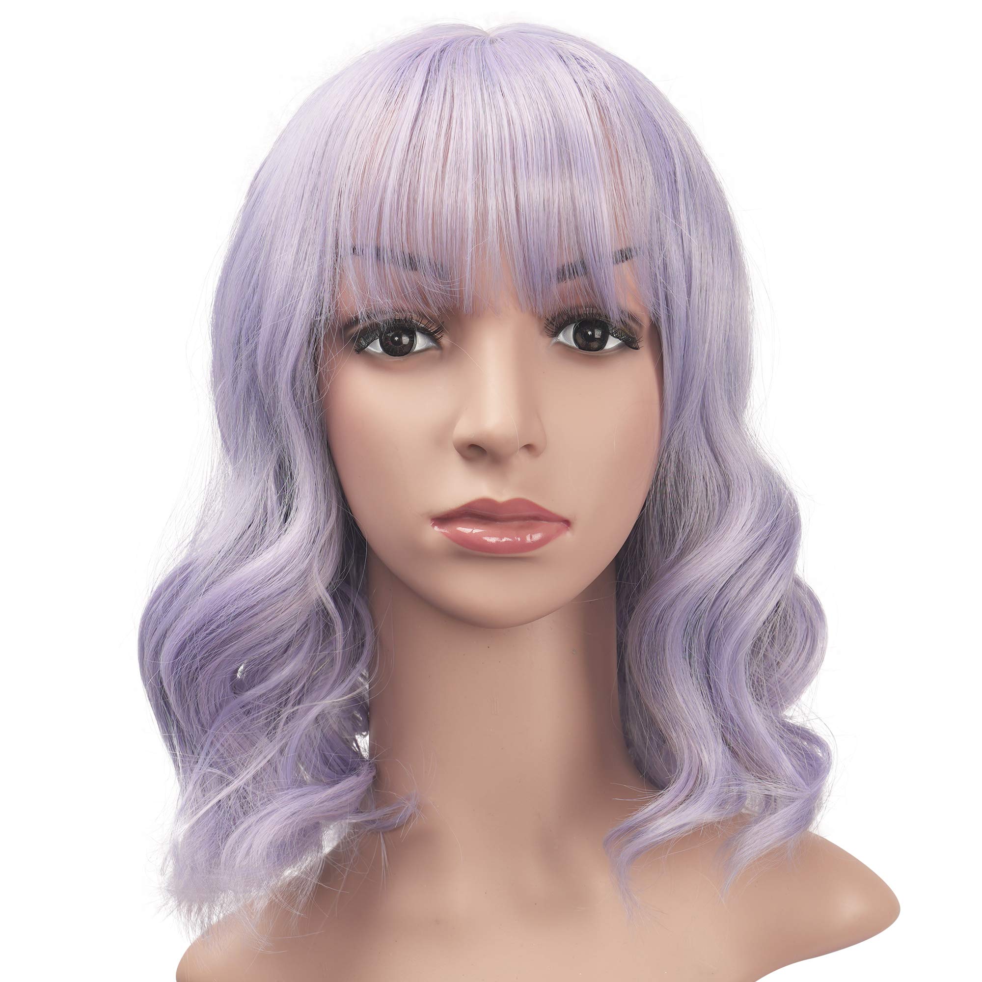 BARSDAR 14 Inch Wavy Bob Natural Wig With Bangs Synthetic Shoulder Length Pastel Curly hair Cosplay and Daliy life wig for women/girl(Light Purple)