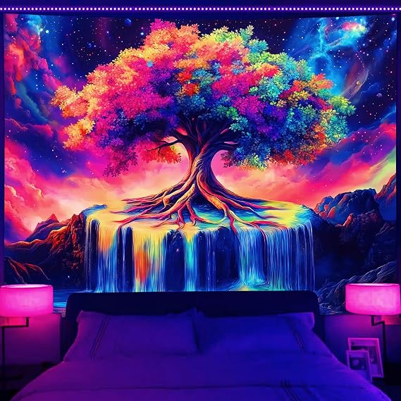 Simpkeely Tree of Life Blacklight Tapestry UV Reactive Colorful Waterfall Tapestry Galaxy Space Starry Sky Wall Tapestries Hanging for Bedroom - 59.1 L x 51.2 W