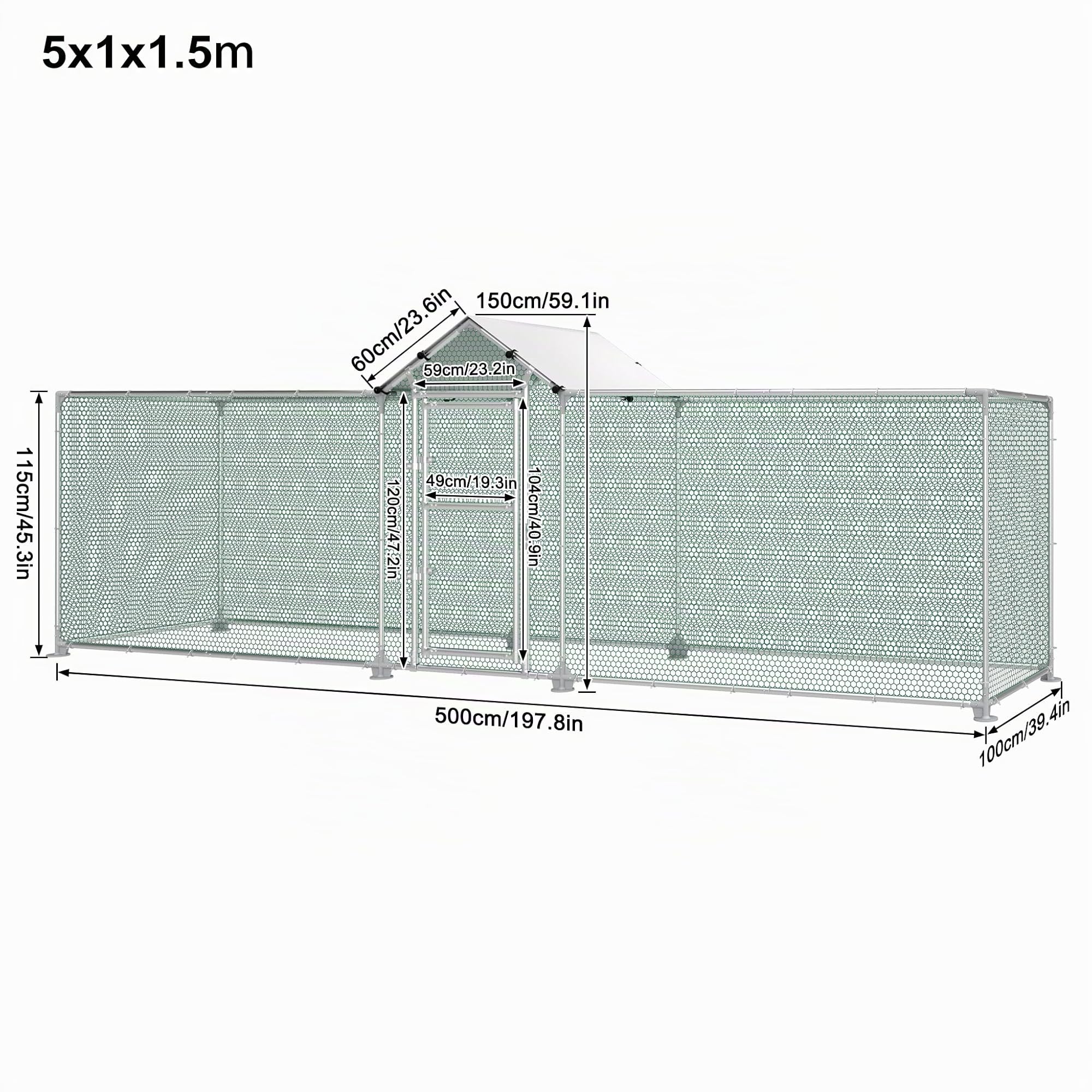UISEBRT Enclos pour poulailler - 5 x 1 x 1,5 m - Cadre en acier galvanisé - Enclos avec serrure pour poules, petits animaux