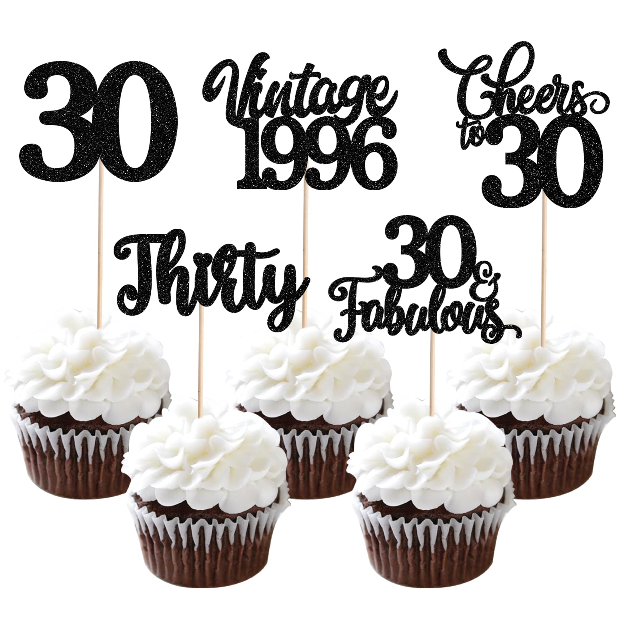 30 Pack Vintage 1996 Cupcake Toppers Glitter Hello 30 Thirty Happy 30th Birthday Cupcake Picks Cheers to 30 Fabulous Cake Decorations for 30th Birthday Wedding Anniversary Party Supplies — image 1