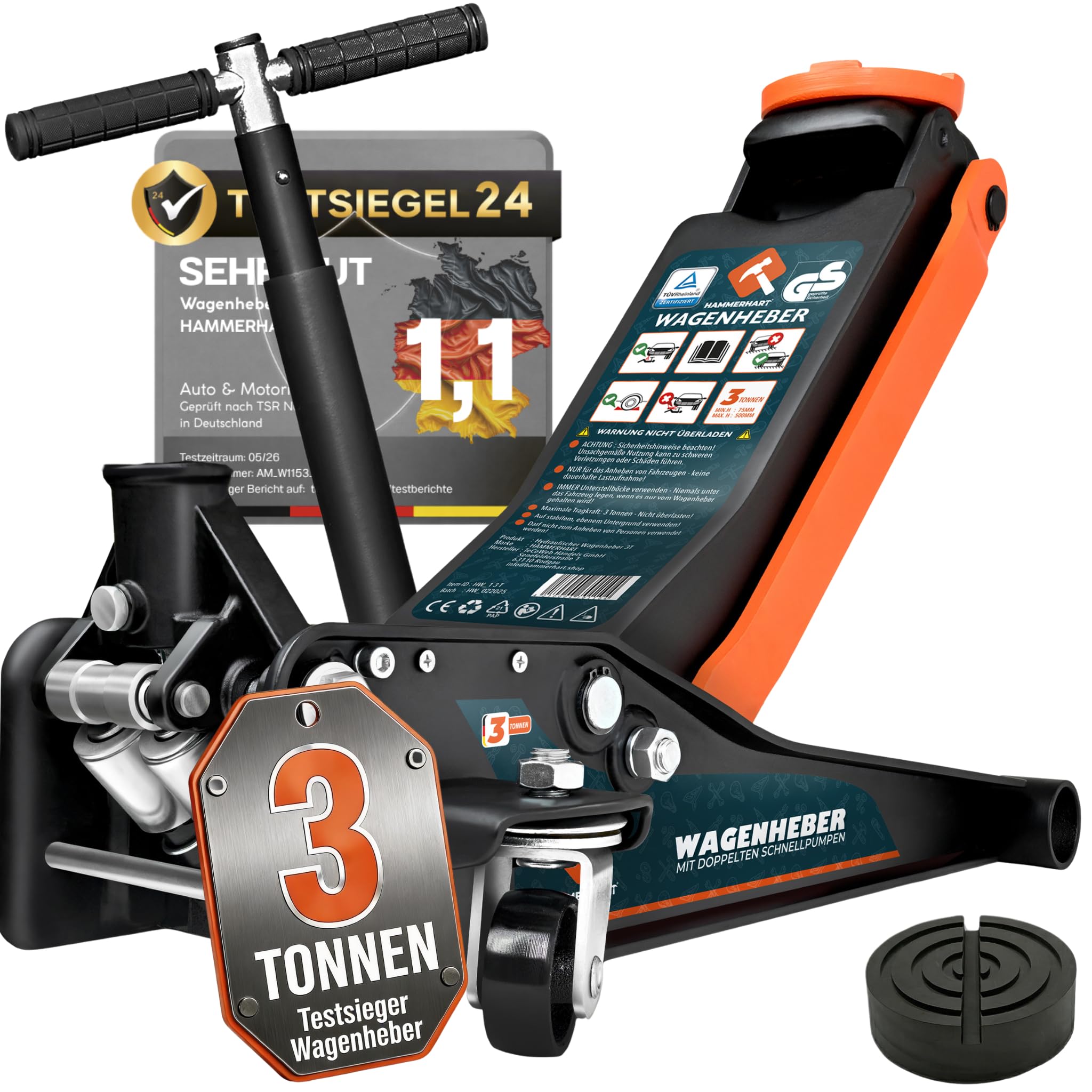 HAMMERHART - Hydraulischer Wagenheber 3T | [Testsieger] Rangierwagenheber mit 75-460mm Hubhöhe | Premium Wagenheber flach mit 360° Rollen & Doppelkolben | Jack mit Gummiauflage & T-Griff