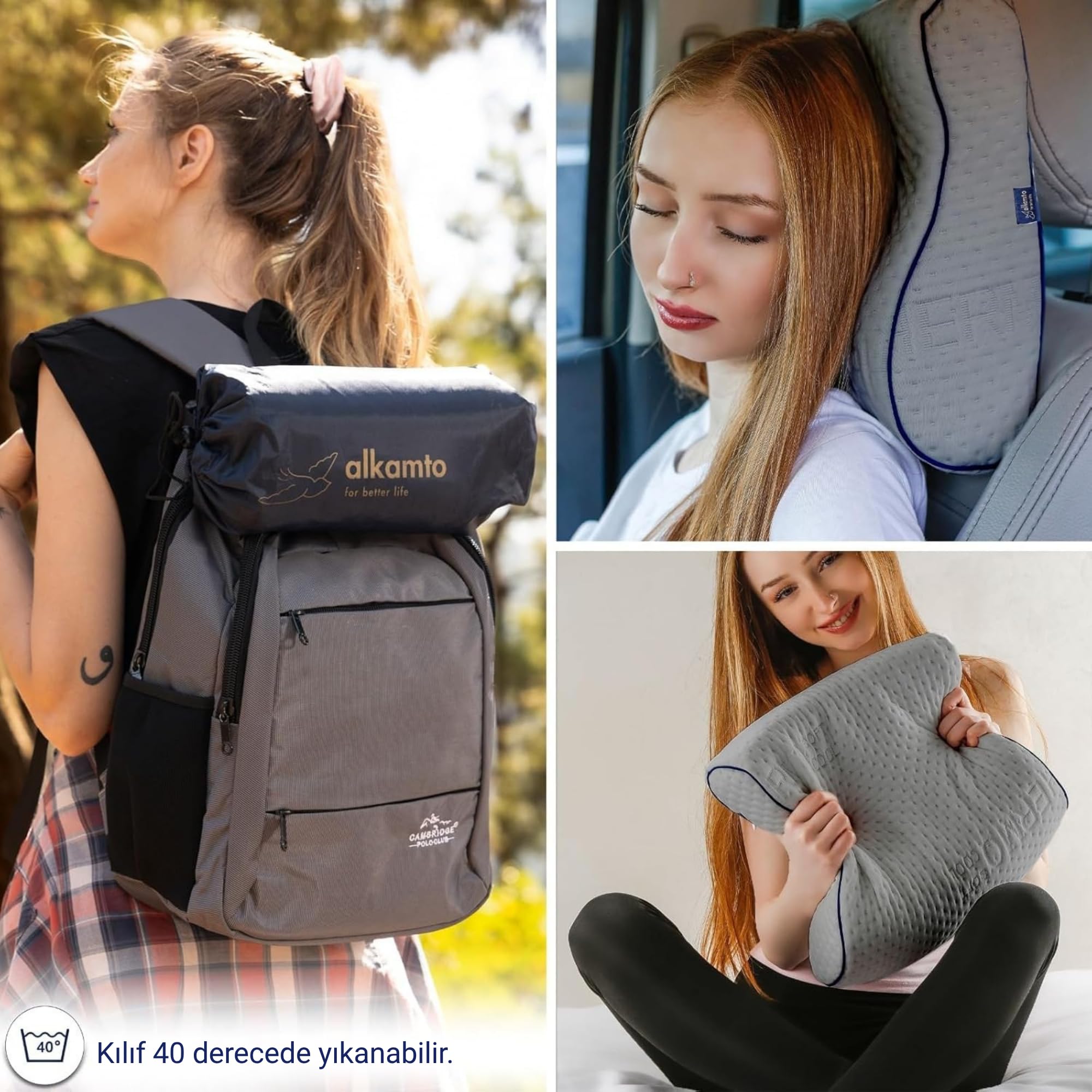 alkamto Almohada de viaje – Almohada ergonómica de espuma viscoelástica para acampar con funda de almohada que regula la temperatura, incluye bolsa de transporte impermeable (gris, 35 x 30 x 10/8 cm)