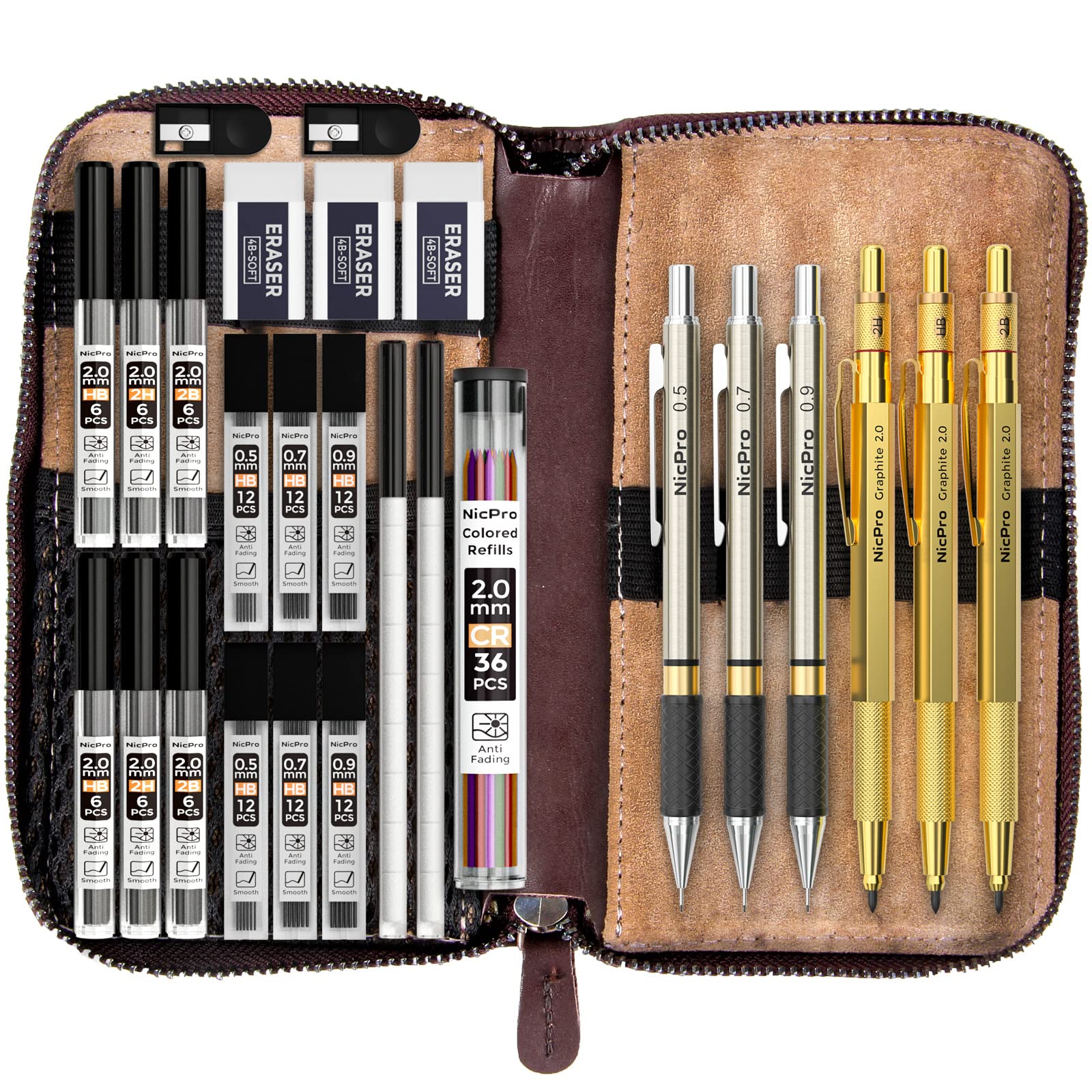 NicproPack of 30 Gold Art Mechanical Pencil Set in Leather Bag, Mechanical Pencils 0.5, 0.7, 0.9, 2 mm Lead Pencil for Sketching, Drawing with 15 Tubes of Pencil Leads (HB 2H 2B 4B 4H) (Black &