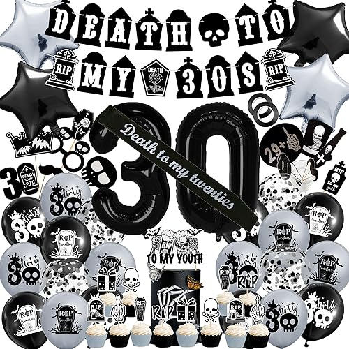 Decoración de muerte a mis 20, decoración negra de 30 cumpleaños, funeral para mi juventud, suministros de fiesta con pancarta, cinta de rasgar a