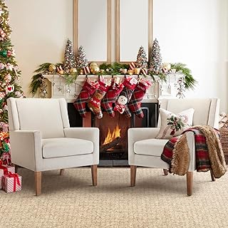 COLAMY Modern Wingback Living Room Chair Set of 2, Upholstered Fabric Accent Armchair, Single Sofa Chair with Lounge Seat and Wood Legs for Bedroom/Office/Reading Spaces, Beige