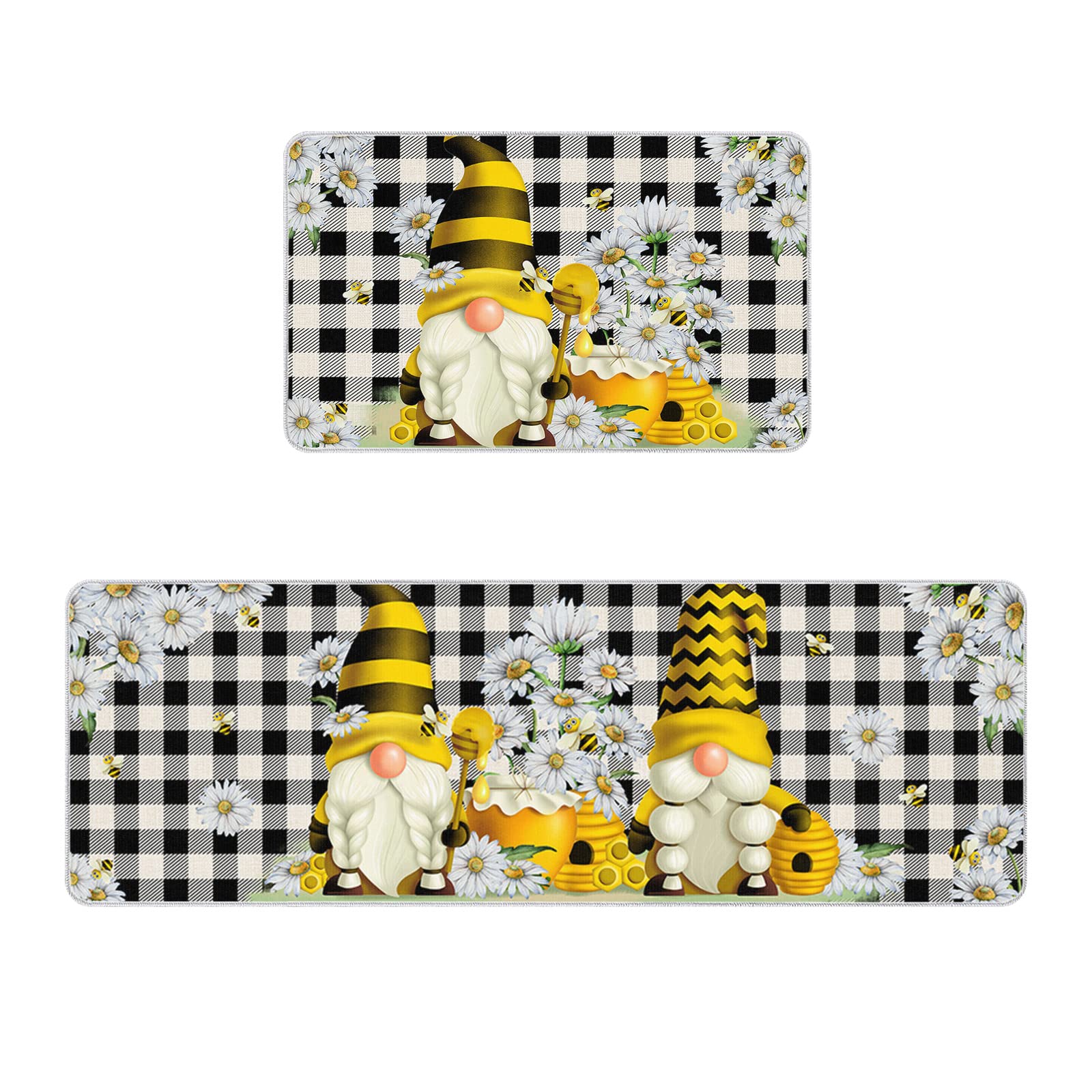 LooPoP Yellow Honey Bee Gnome Kitchen Mats for Floor Cushioned Anti Fatigue 2 Piece Set Spring Summer Kitchen Runner Rugs Non Skid Washable Daisy