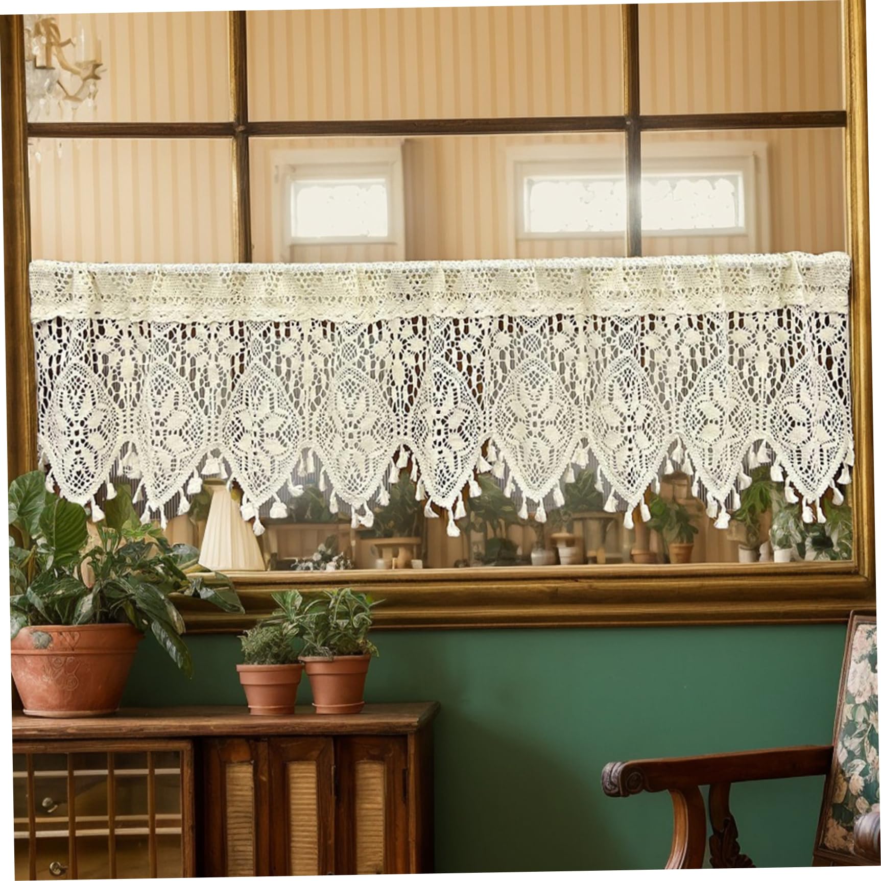 CNAFGBGG Lace Valance Beige White Crochet Rustic Boho Hollow for Window with Tassel Half Blackout Decorative Window Valances for Bedroom, Living Room, Valance Only, 35x15.