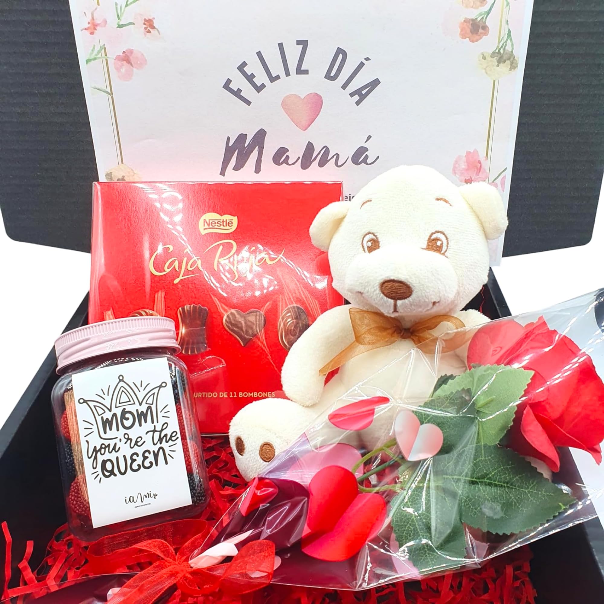 Pack Regalos Originales para Dia de la Madre | Cesta Dia de la madre con Bandeja Bombones Caja Roja + Rosa + Peluche + Frasco de Chuches dia de la Madre | Regalo para Mamá con Bombones