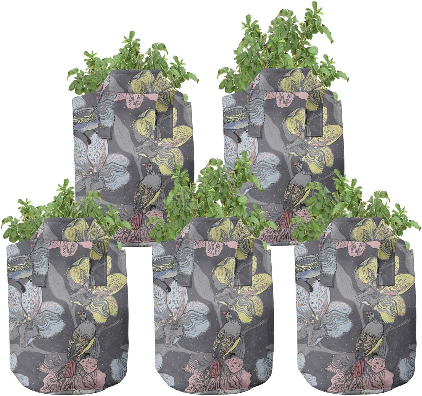 Lunarable Paint Grow Bags 5-Pack, Surreal Birds on Flower Tops, Heavyduty Fabric Pots with Handles for Plants, 7 Gallon, Cadet Blue Pale Pink