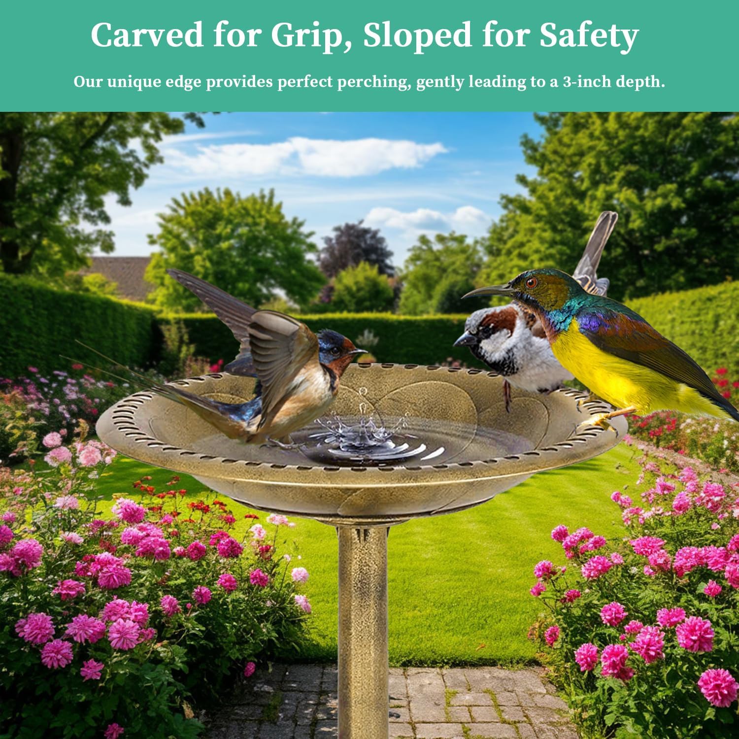 Antique Style 23.2" Tall Bird Bath - Lightweight Resin Base Bird Feeder with Gold Decorative Finish and Anti-Tip Design for Patio or Garden Use