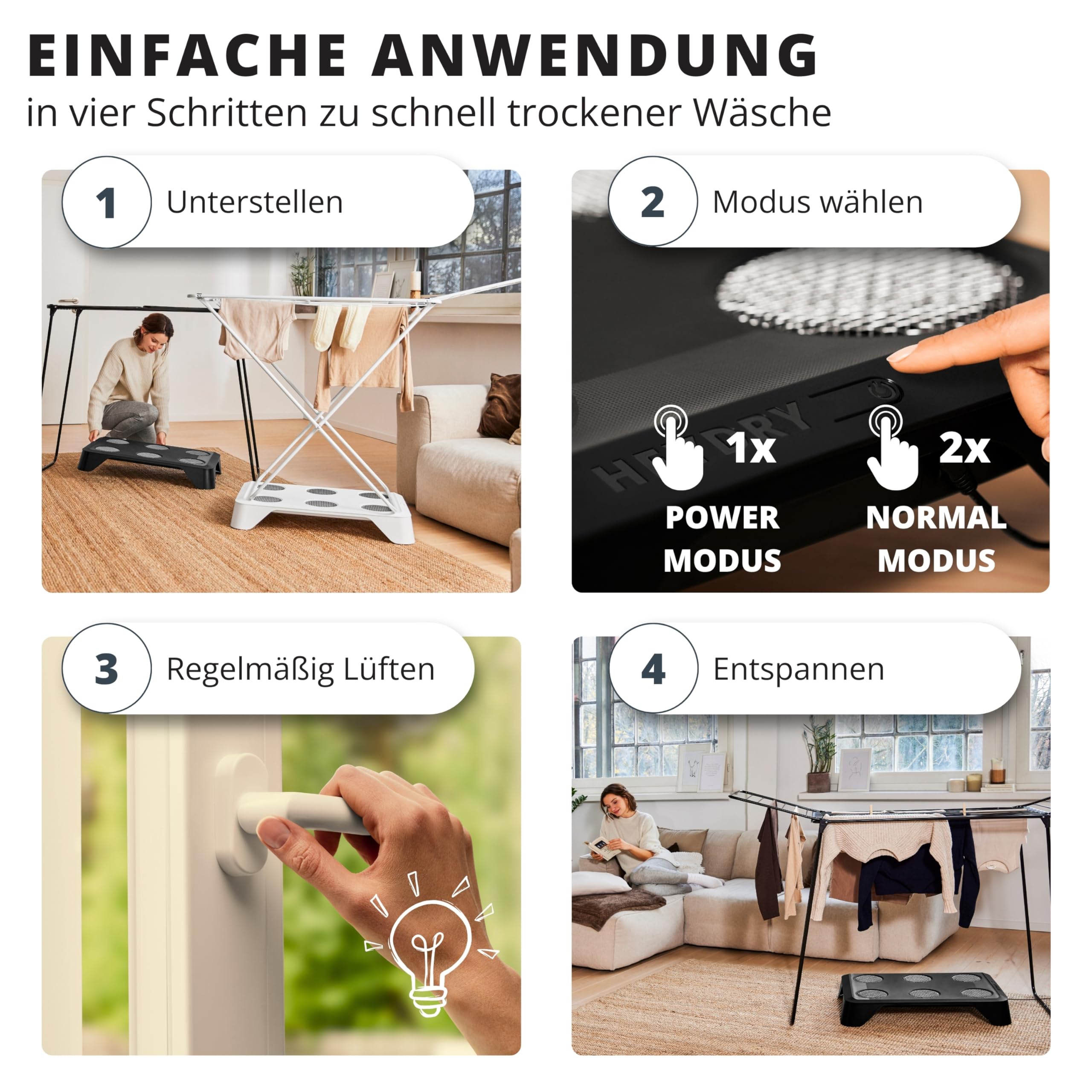 HEYDRY® Wäschetrockner für Wäscheständer – energiesparende Alternative zum Trockner, ohne Hitze, leise & kompakt, schnelleres Wäsche trocknen in Innenräumen, wäscheschonend, Made in Germany - Image 3
