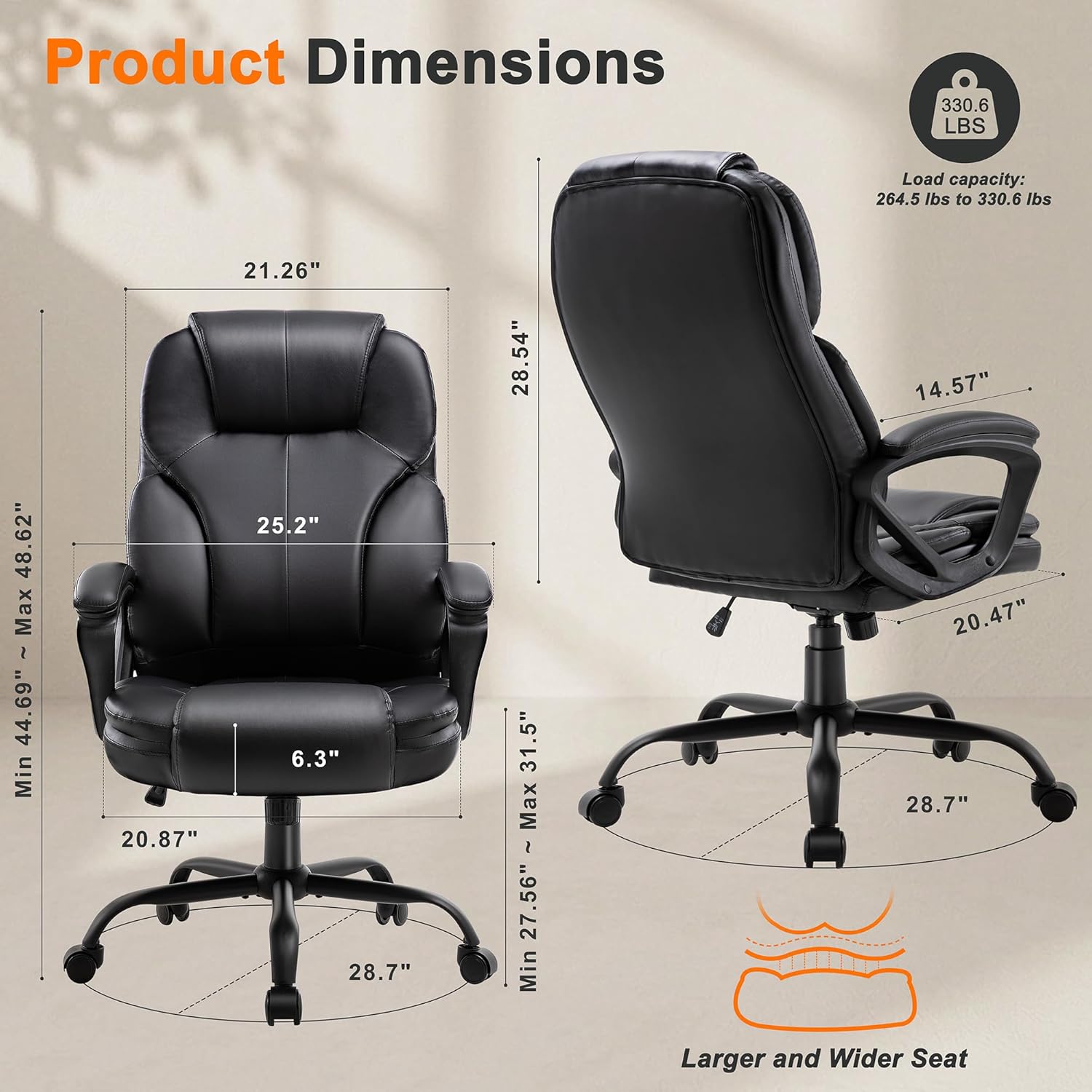 Shintenchi High Back Executive Office Chair, Ergonomic PU Computer Desk Chair with 3-Level Tilt, Padded Armrests 360° Swivel Free Task Chairs for Home Office, 330 Pound Capacity, Black