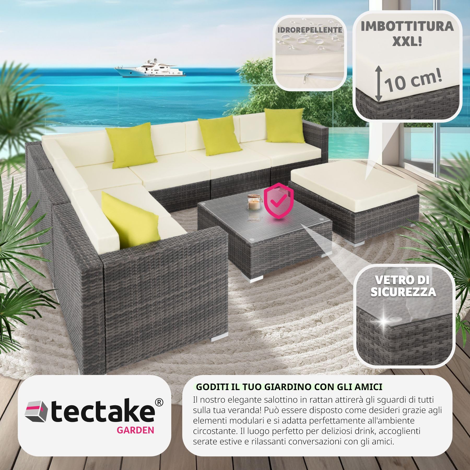 tectake® Set Lounge da Giardino Marbella in Polyrattan, Telaio in Alluminio, Tavolino Salotto con Ripiano in Vetro, Comode Poltrone, Cuscini Accessori Inclusi - Grigio