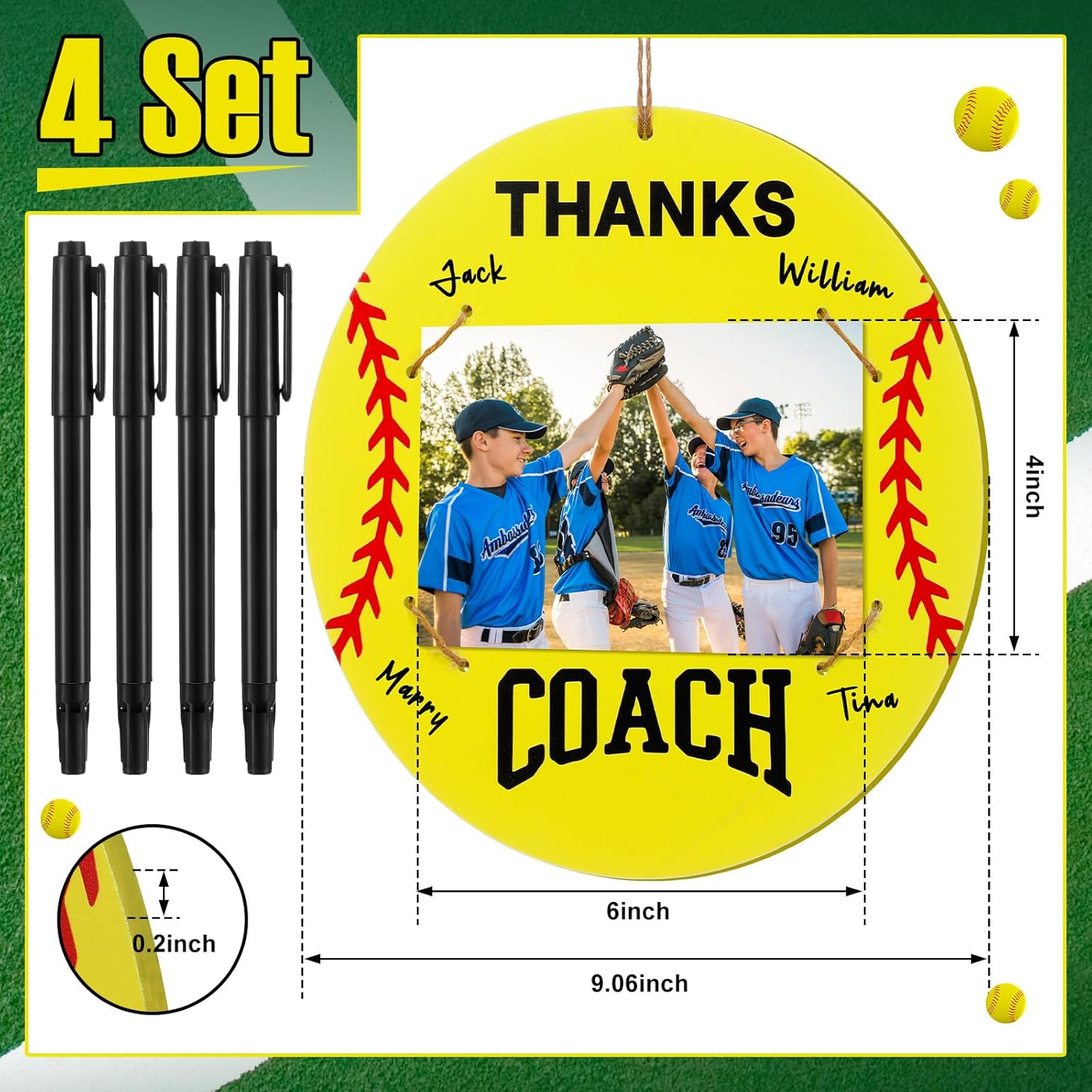 Cinnvoice 4 Set Softball Thanks Coach Picture Frames with Signature Pens Fits 4 x 6 Inches Photos Wooden Picture Frame Thanks Softball Coach Gift from Team Coaches Appreciation Home Plate Plaque