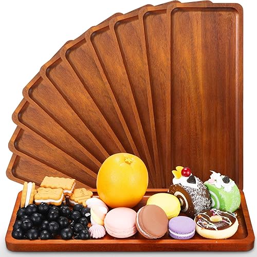 Miniatura 1 de Paquete de 10 bandejas de madera maciza para servir de madera de acacia, tableros rectangulares para charcutería con mango ranurado para la