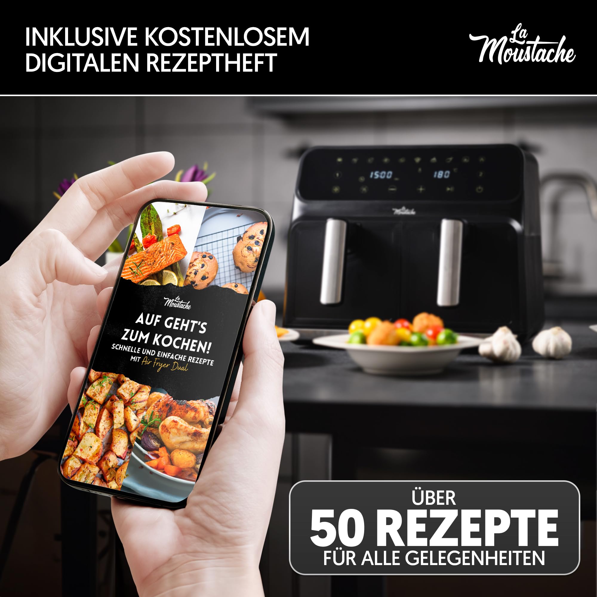 La Moustache - Heißluftfritteuse XXL, 2 Fächer, 8L Inklusive【E-Book mit 50 Rezepten】6 Kochfunktionen, 10 Programme, Air Fryer mit Antihaftbeschichtung, Max 220°C, Timer, 1700W (DuoFry Black)