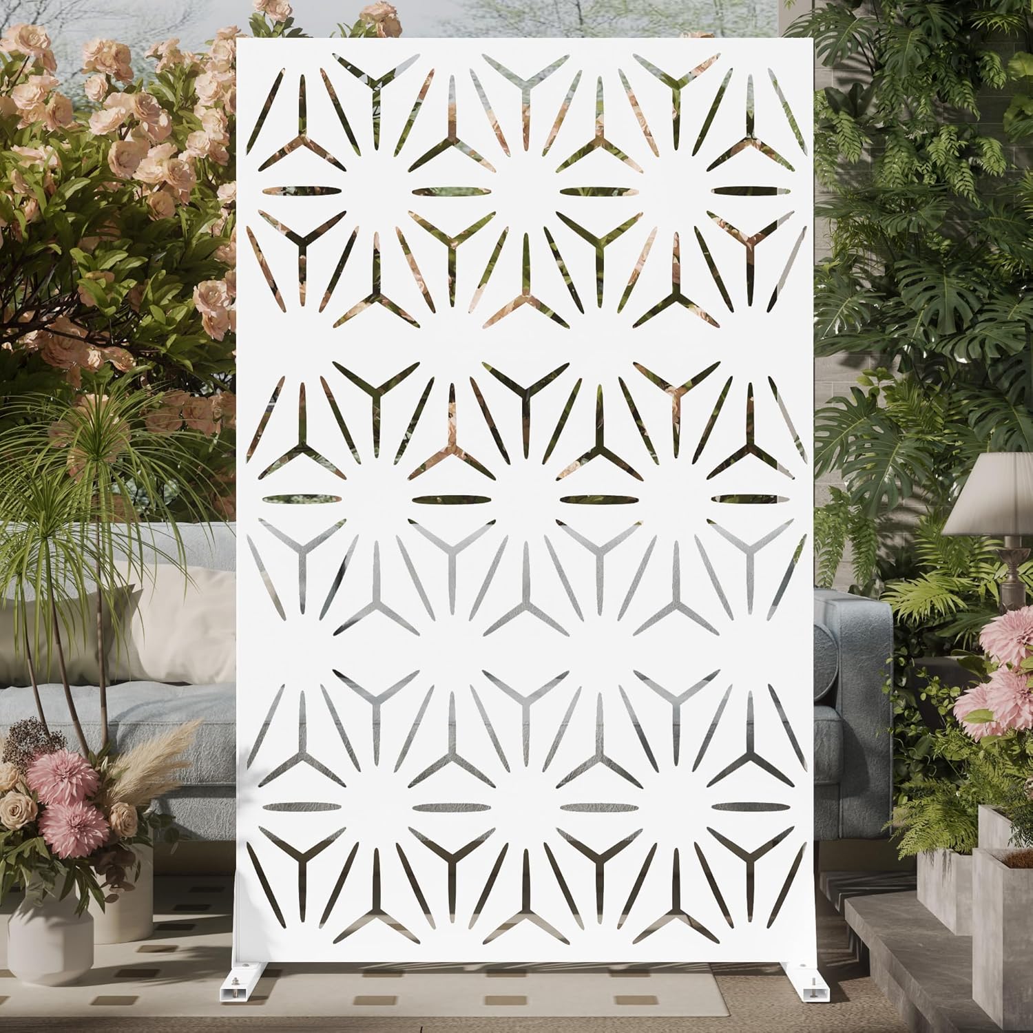 Cofar Metal Privacy Screen Outdoor 72" H×44" W -Black Freestanding Outdoor Privacy Panels with Stand, Decorative Fence for Patio, Deck, Balcony（Striped）