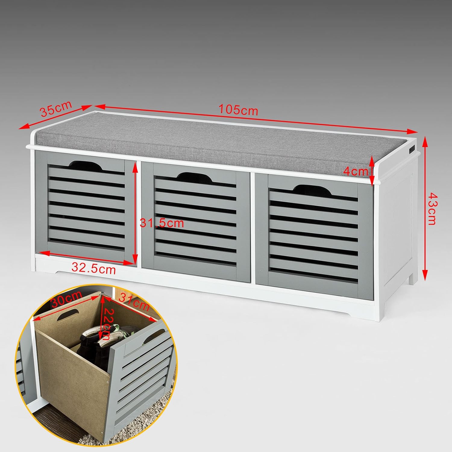 Haotian FSR23-HG, Storage Bench with 3 Drawers & Padded Seat Cushion, Hallway Bench Shoe Cabinet Shoe Bench : Home & Kitchen