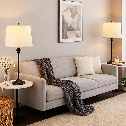 Miniatura 7 de Maxax Juego de 2 lámparas de mesa para sala de estar, lámparas de bufé, lámparas de mesita de noche negras con pantalla de tela de 26 pulgadas