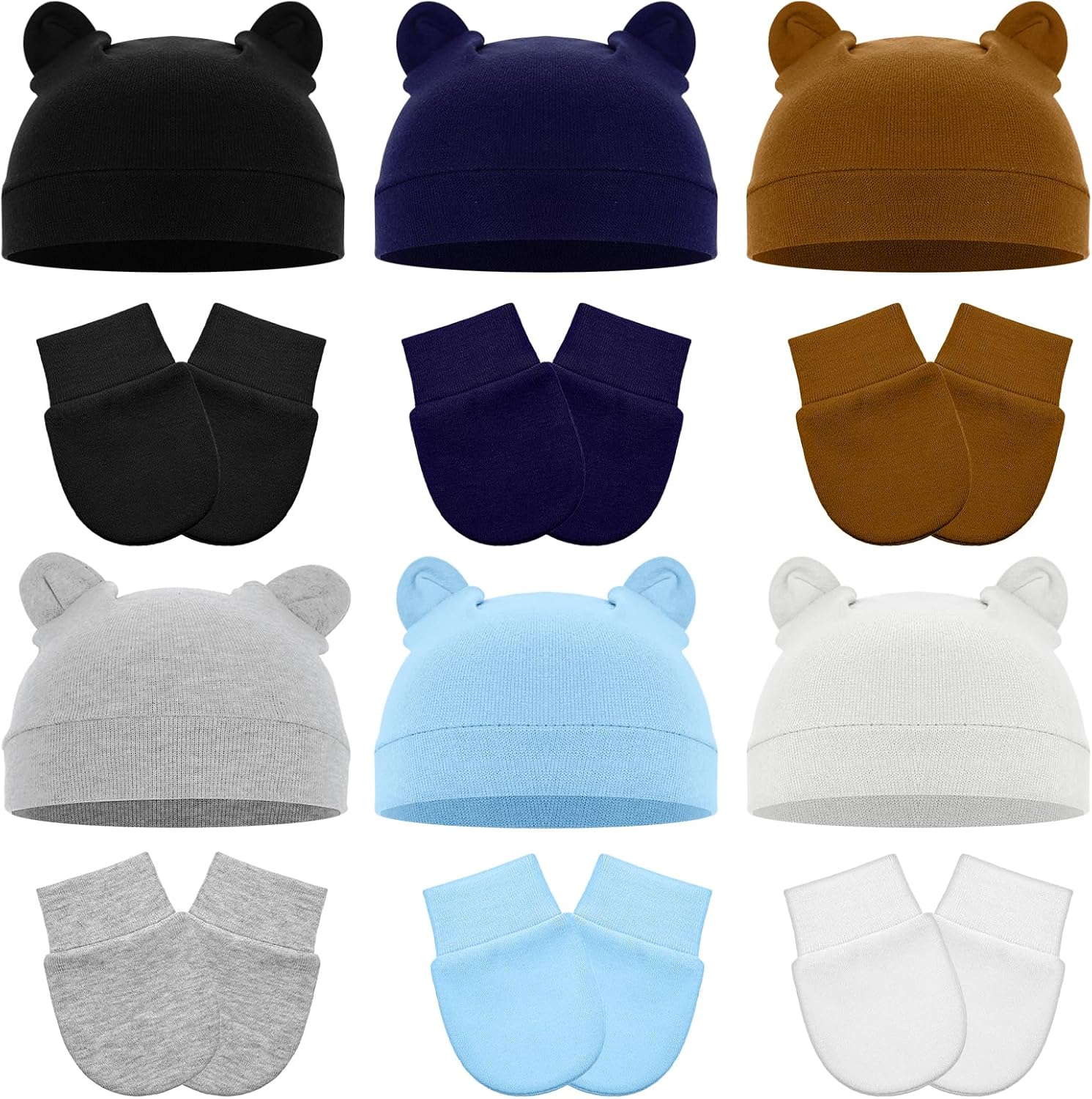 12 Pieces Baby Hats and Mittens Newborn Bear Ears Hats and Mittens Sets Cotton Baby Beanie Soft Cap Mitten Sets for 0-6 Months Boys Girls Infant Hospital Beanie Colorful