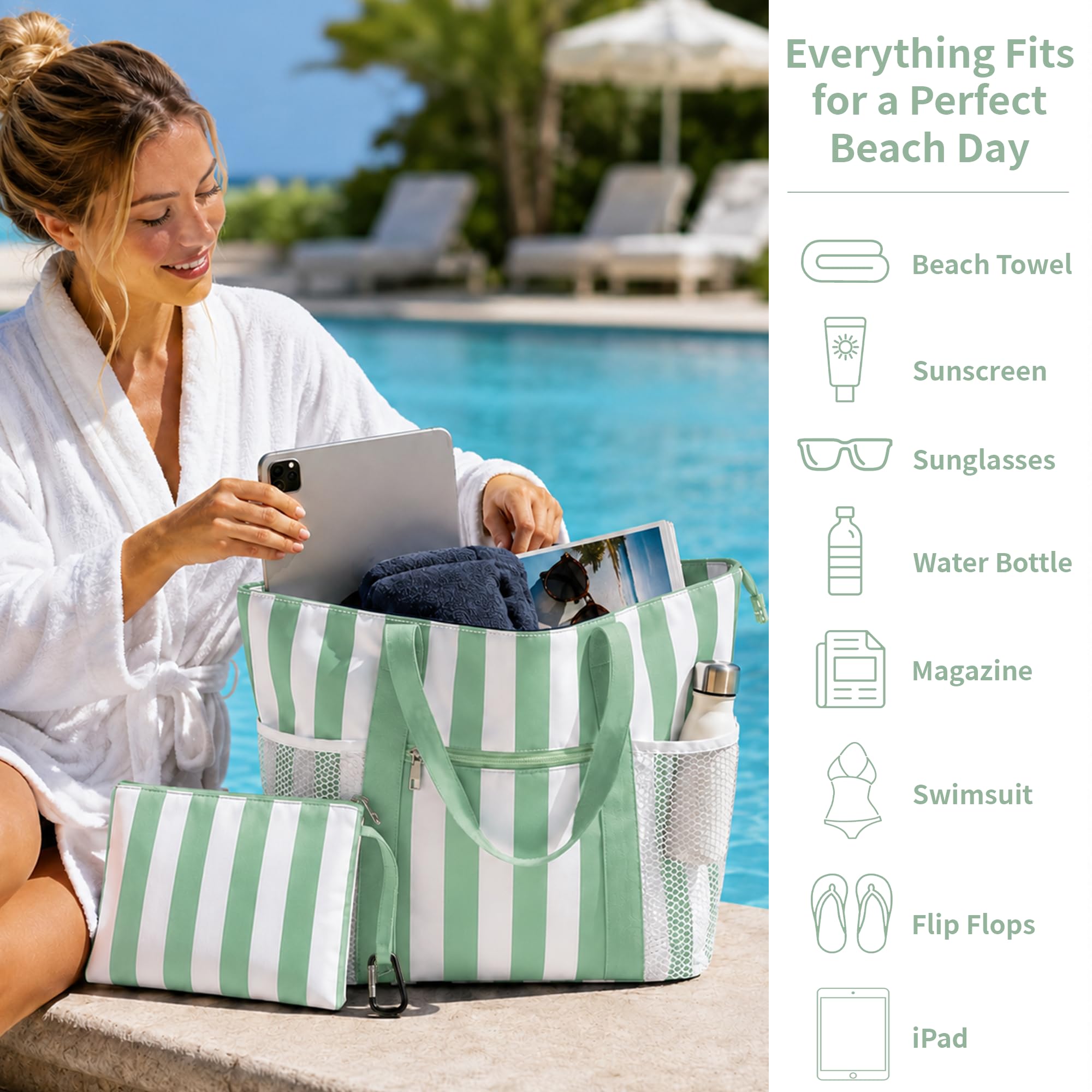 TAHAVICE Sac de plage XXL Famille Sac de bain pour femme Imperméable Sac de plage Sac fourre-tout pour plage, voyage, piscine, gym
