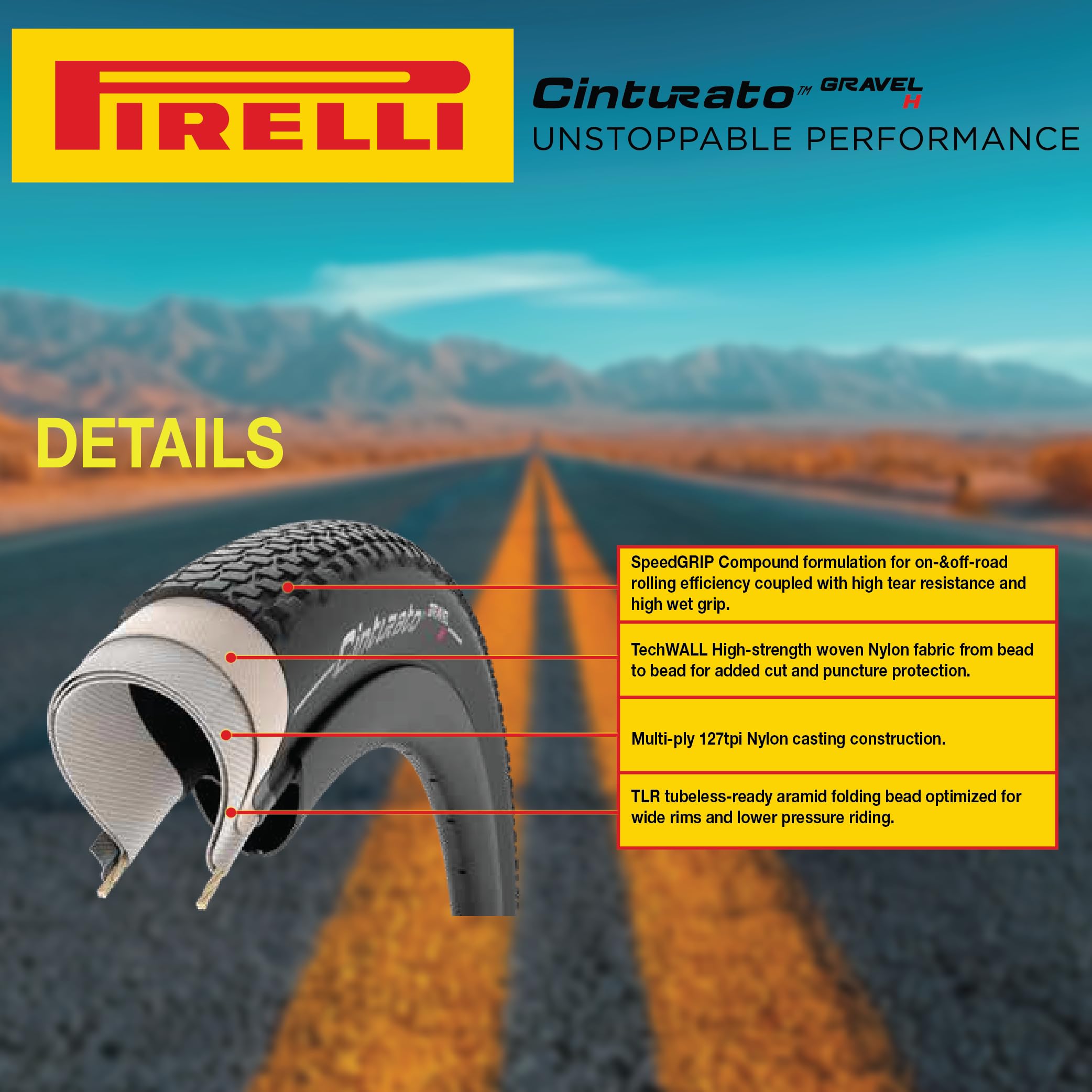 Pirelli Cinturato Gravel H opona rowerowa, twarde powierzchnie żwirowe, bezdętkowa gotowa do użycia klinkiera, TLR, uchwyt i adapt, zaawansowana ochrona przed przebiciem, (1) opona, czarna lub