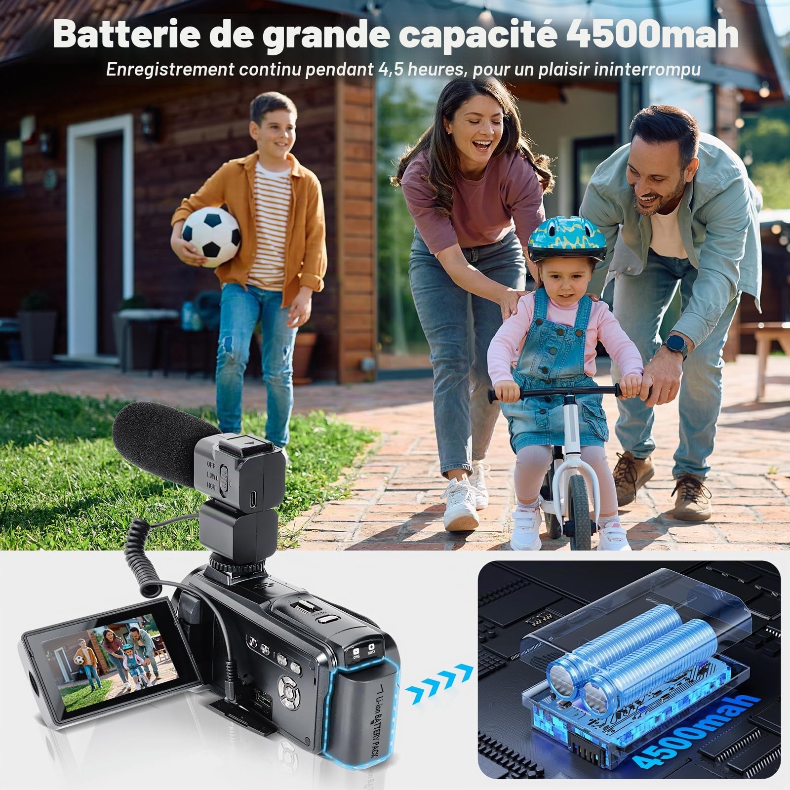LAMA Caméra vidéo 8K, vlogging 64 MP, zoom numérique 18X, vision nocturne infrarouge, enregistreur WiFi SD 64 Go, batterie 4500 mAh (4,5 heures)