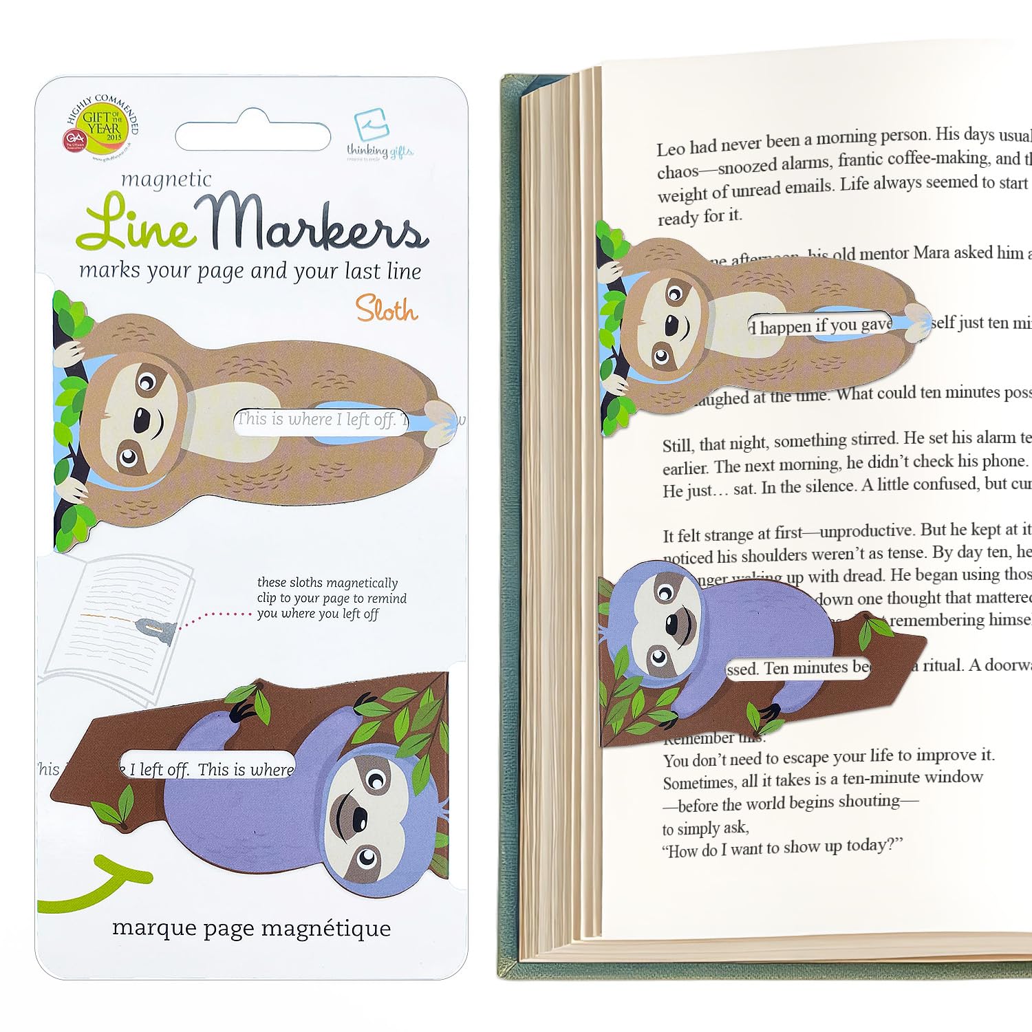 Gifts for Readers & Writers Magnetic Line Bookmarks 2-Piece Set, Sloth โ image 1