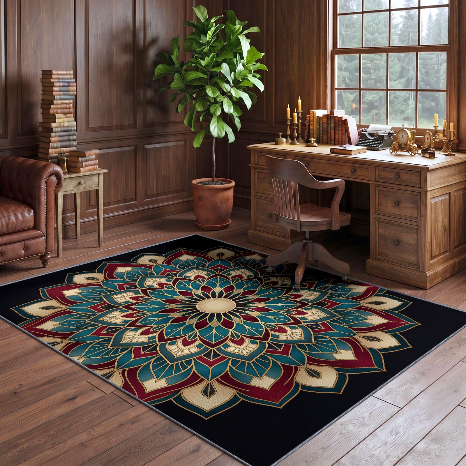 Générique Bohème Tapis de Salon Lavable en Machine 90 x 120 cm, Tapise antidérapant, Tapis de Chambre Style Luxe Fleurs Mandala pour Le Salon, l'entrée, la Chambre et la Cuisine, Noir