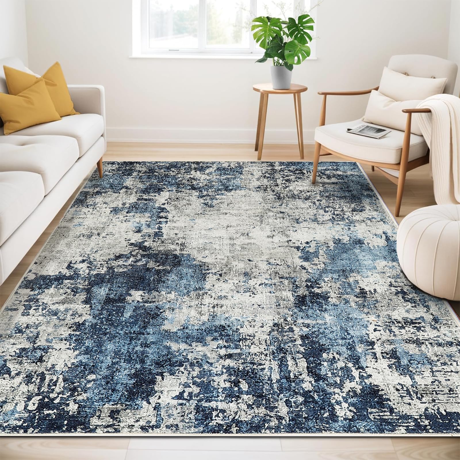 Alfombra para salón, 160 x 230 cm, color azul, antideslizante y lavable, diseño vintage jaspeado, alfombra de pelo corto para dormitorio