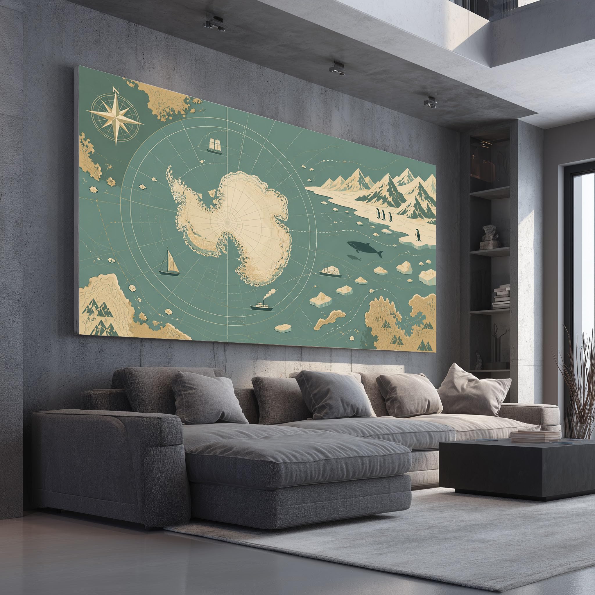 quadro grande soggiorno Mappa Antartica Vintage 80x160cm con cornice