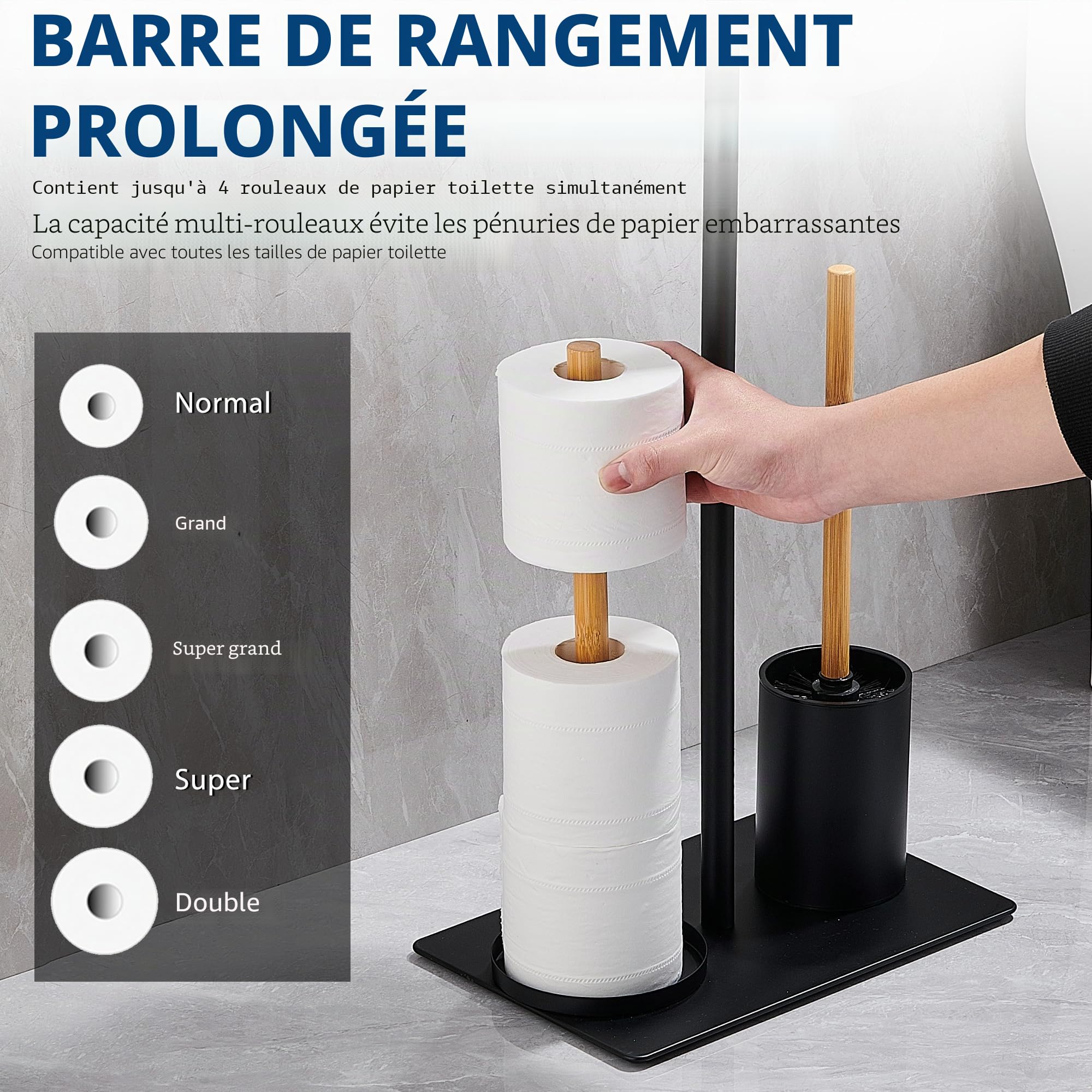 Porte Papier Toilette sur Pied avec Brosse WC Support Papier WC Rangement sans Percage pour 4 Rouleaux, Bois Noir, Carré