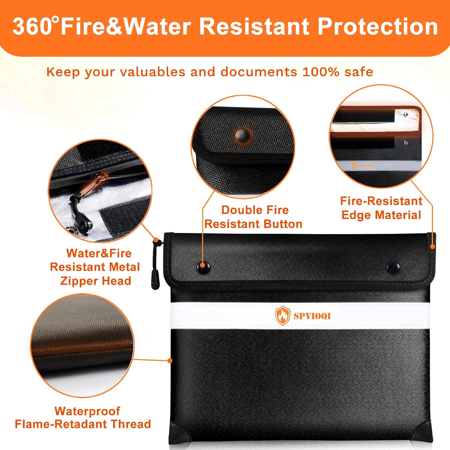 SPVIOQI Fireproof Document Bag 5200°F with Heat Insulated, Fireproof Money Bag for Cash with Zipper and Reflective Strip, 14.2” X 11” Fireproof Safe Storage Pouch for Valuables image 4