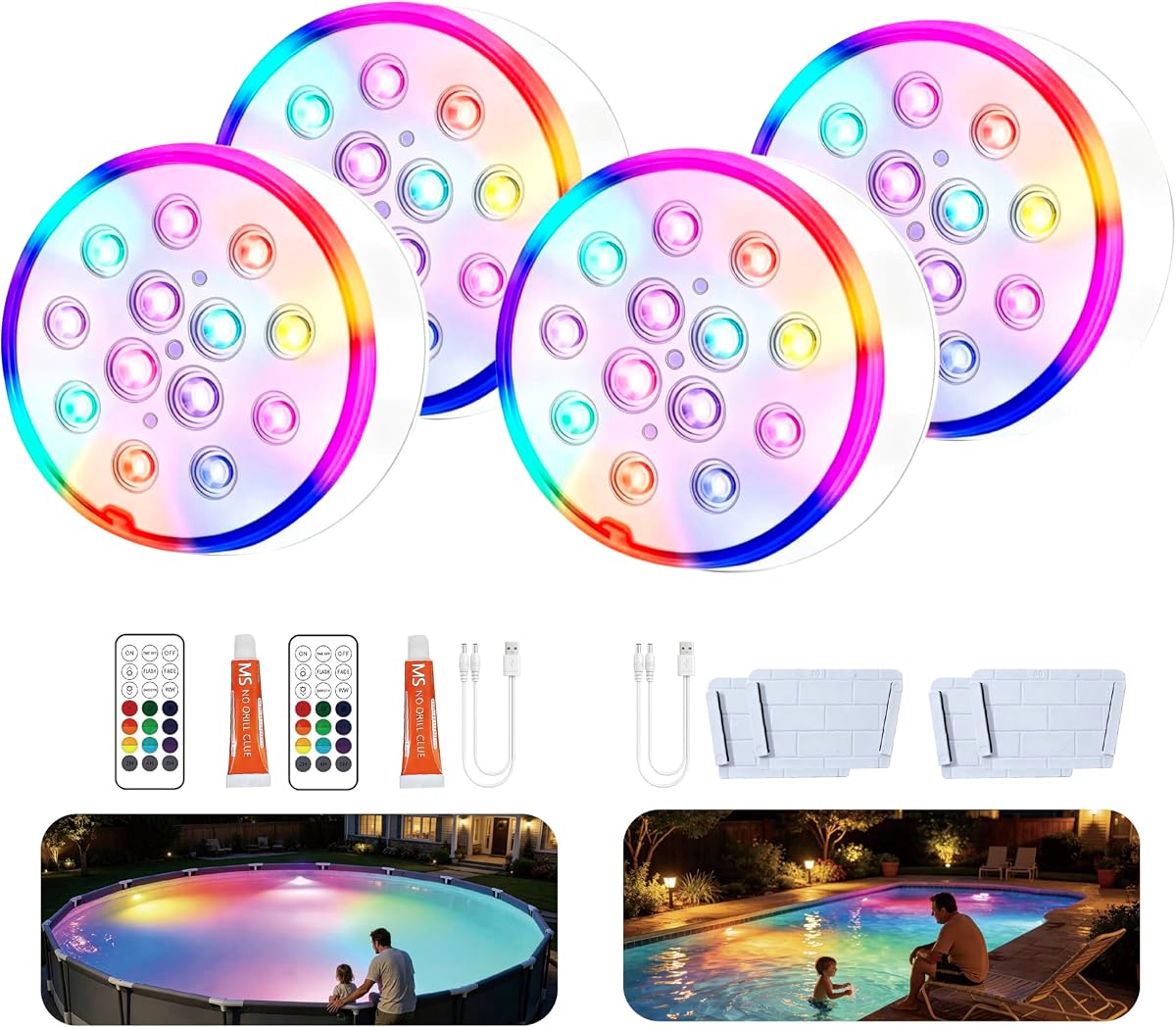 Luces magnéticas mejoradas para piscinas elevadas y enterradas | Luces LED sumergibles subacuáticas RGB recargables de 16 colores con control remoto y temporizador apagado, para jacuzzis, fiestas, fuentes, paquete de 4