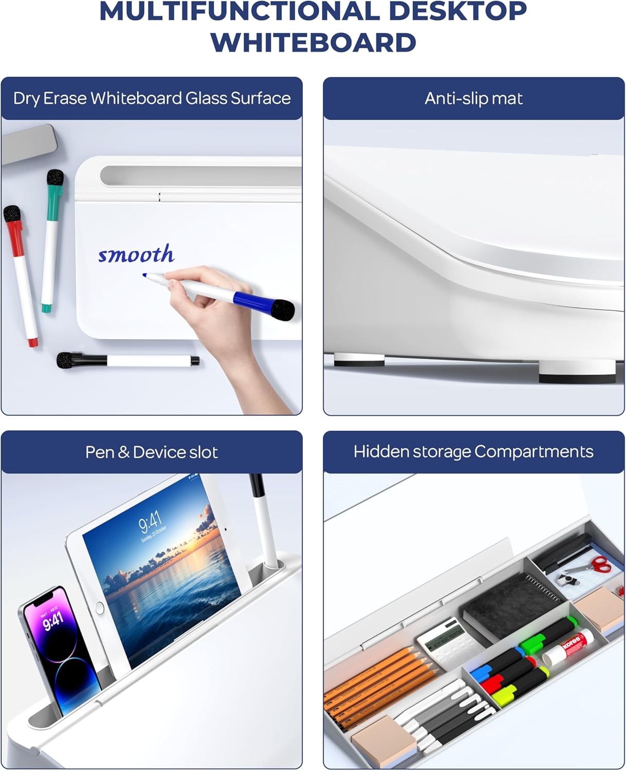Desktop Glass Desktop Whiteboard with Storage Organizer, Small Dry Erase Board with 4 Pens, Eraser, Computer Keyboard Stand Organizer Ideal for Home, Office, School Accessories(40 X 18cm)-White