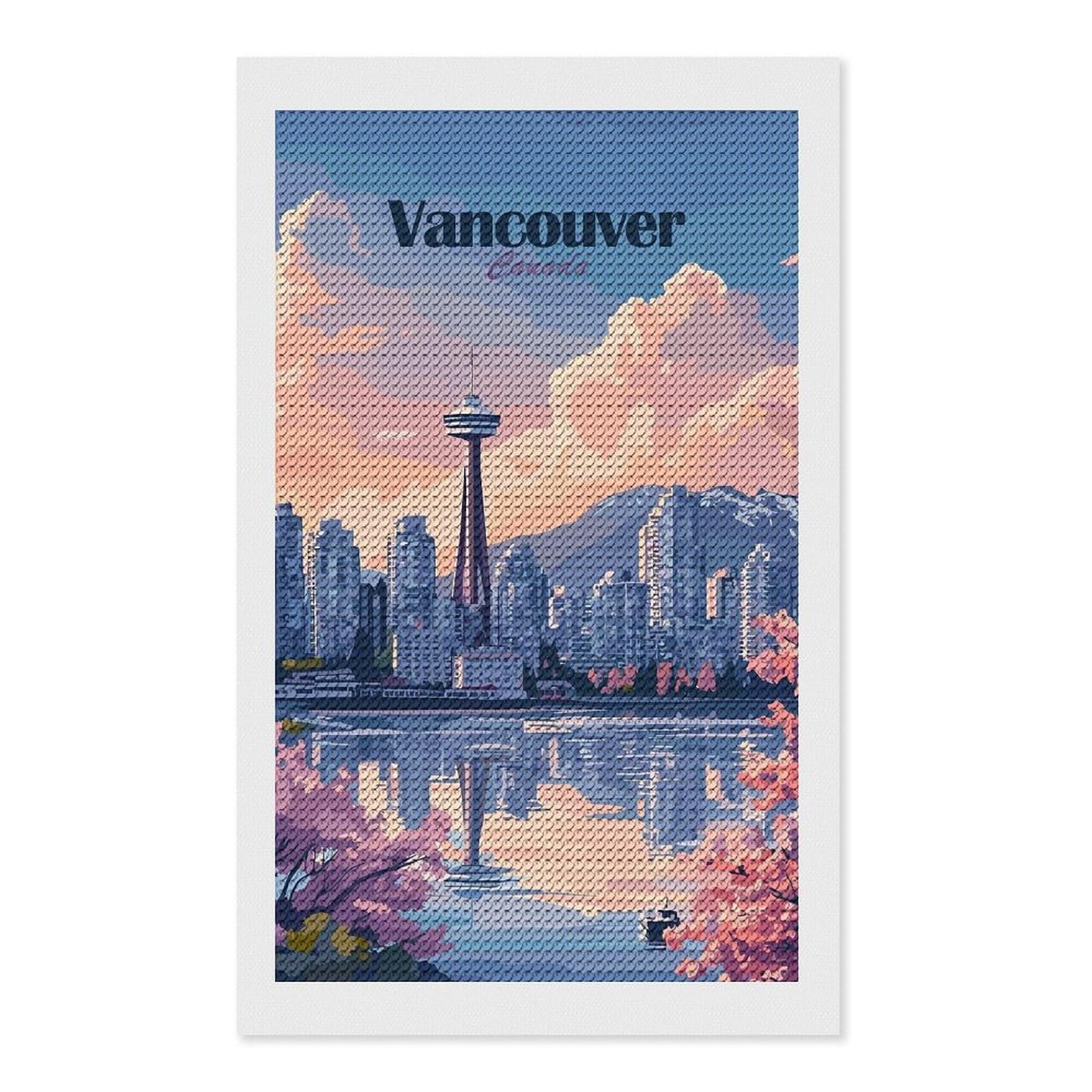 Junmoney Vancouver Canada Cityscape Illustration DIY Diamond Art Canvas Kit 12"x20", Decorate Your Room, Sparkling Round Gems, Fun Craft Experience, Farmhouse Decor