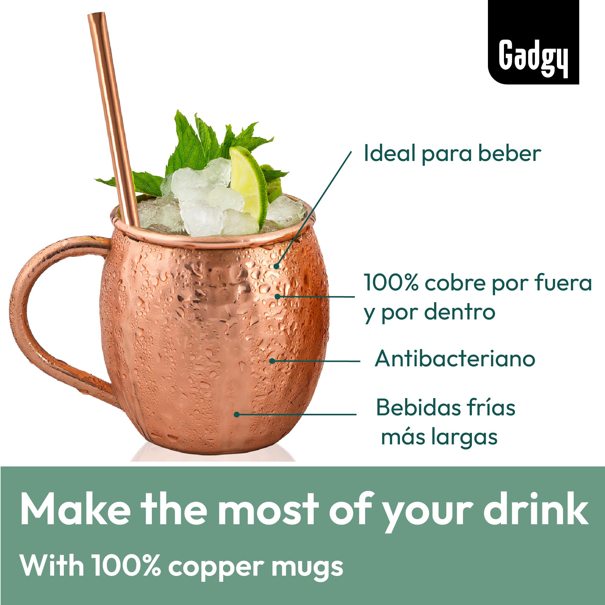 Conjunto de Vasos Moscow Mule Gadgy - Set de Tazas de Cóctel - 4 Vasos de Cobre, 4 Pajitas y un Jigger - 100% Cobre y Hecho a Mano - Regalo para Fiestas