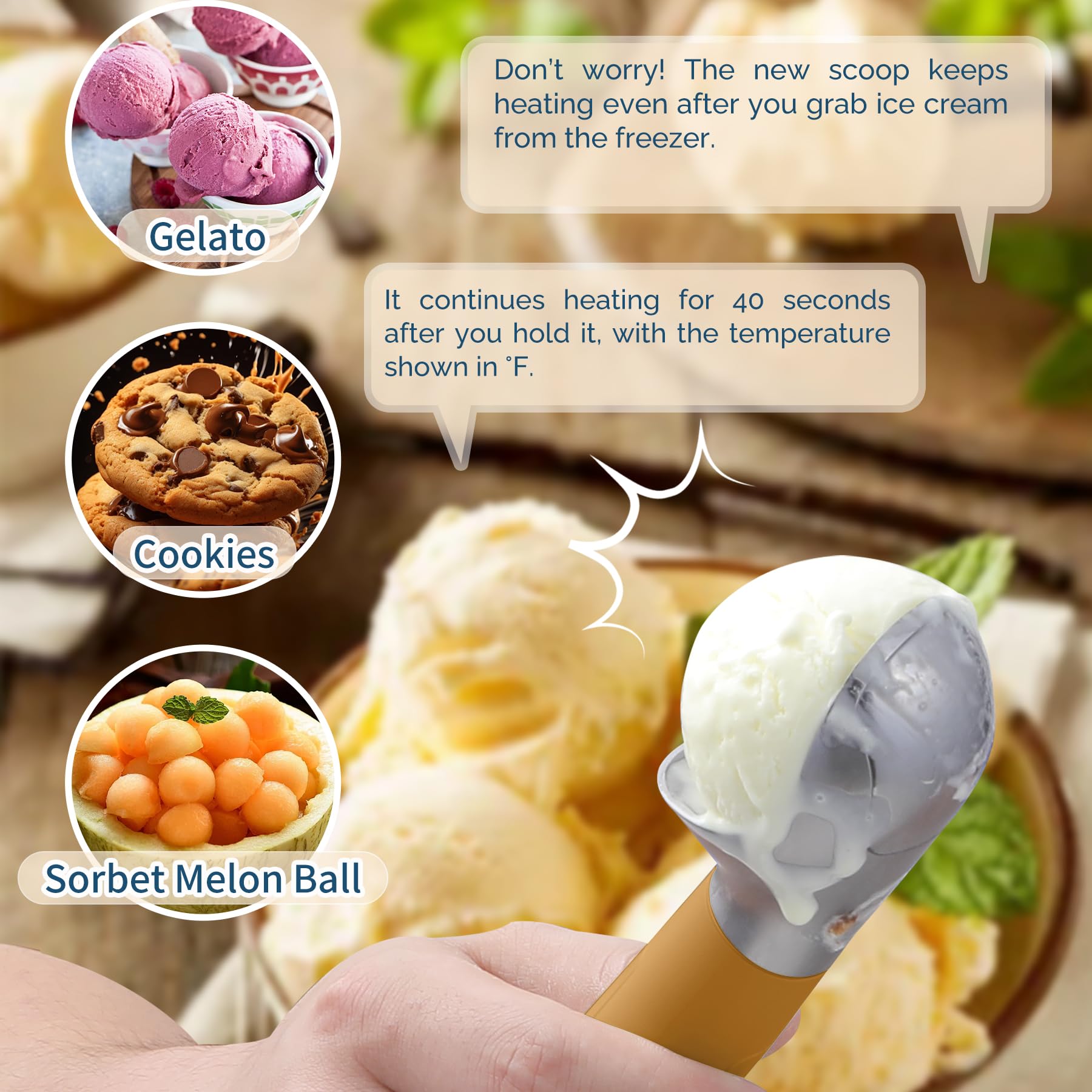 Cuillère à crème glacée chauffante rechargeable, cuillère à glace électrique avec affichage LED, chauffe à 70°C pour glace dure, facile pour les seniors et les enfants, étanche IP67