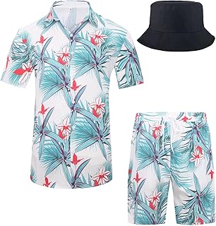 FLLSGT Men's Hawaiian Shirt and Shorts 2 Piece Vacation Outfits Sets Casual Button Down Beach Floral Suits with Bucket Hats