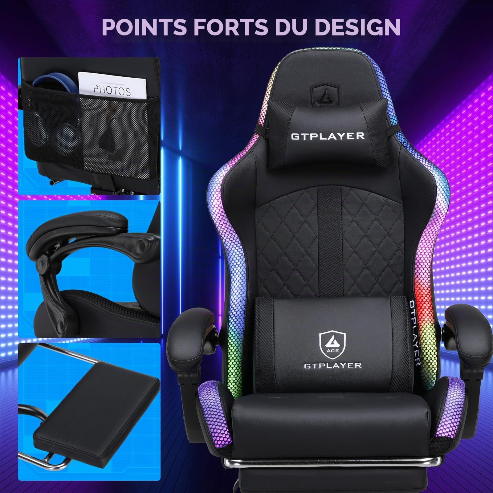 GTPLAYER Chaise de Jeu, Chaise de Bureau, Chaise de Jeu avec Haut-Parleur et Barre Lumineuse, Dossier avec Sac de Rangement, Chaise Ergonomique en Polycarbonate avec télécommande, Supporte 150 kg