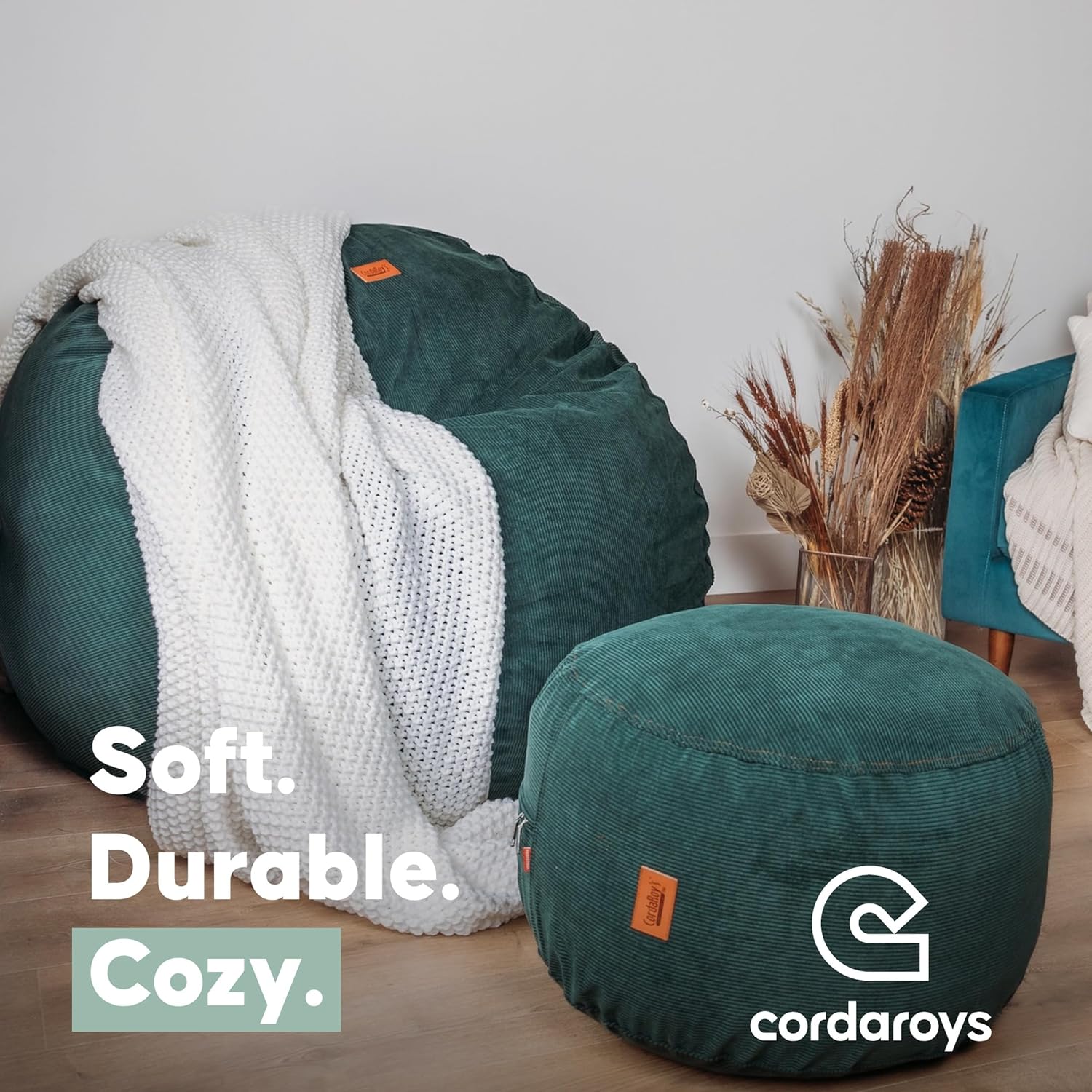 CordaRoy's Chenille Bean Bag Pouf Footstool - Washable Fabric Ottoman Cover with Durable Foam Insert - Versatile Footrest for Basement, Living Room, Office - 26" x 17" - Rainforest | Made in The USA