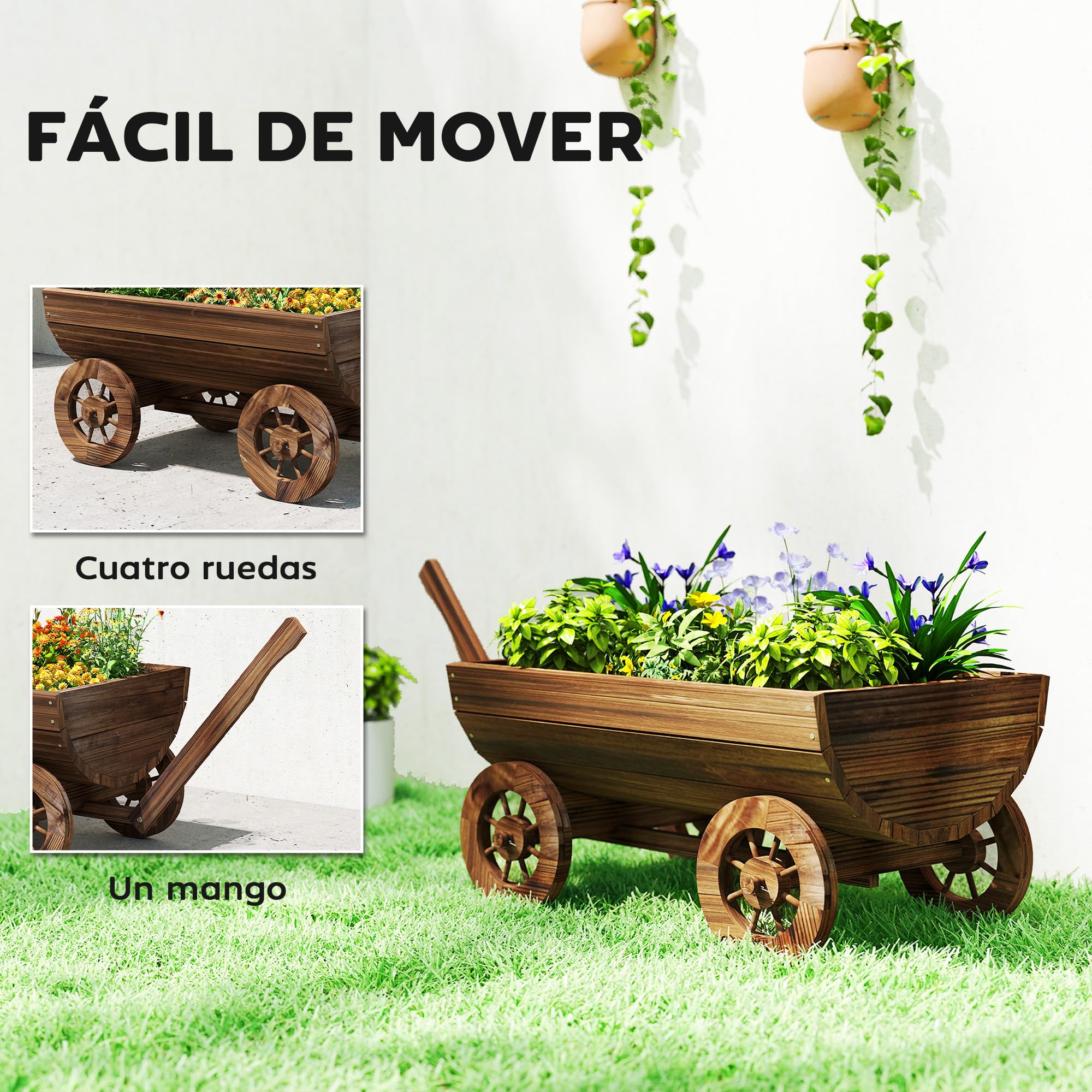Outsunny Carrito de Madera Decorativa con 4 Ruedas y Mango 115x40x54,5 cm | Jardinera Exterior Móvil con Orificio de Drenaje, Macetero Exterior para Cultivos, Plantas, Jardín, Terraza, Carbonizado