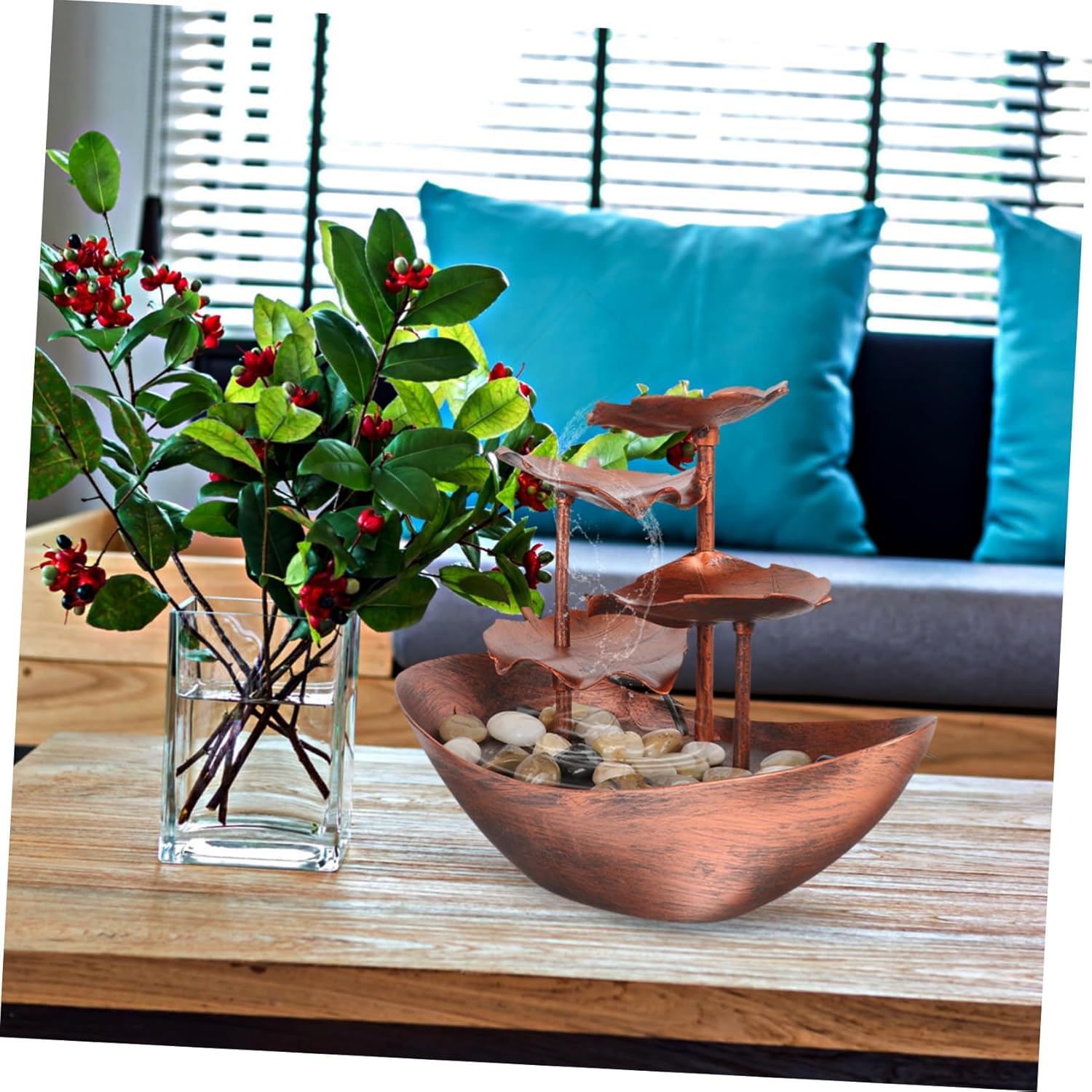 Creative Desktop Waterfall Ornament with LED Night Light Bronze Tabletop Fountain for Living Office Home Decor Soothing Flow and Tranquil Atmosphere