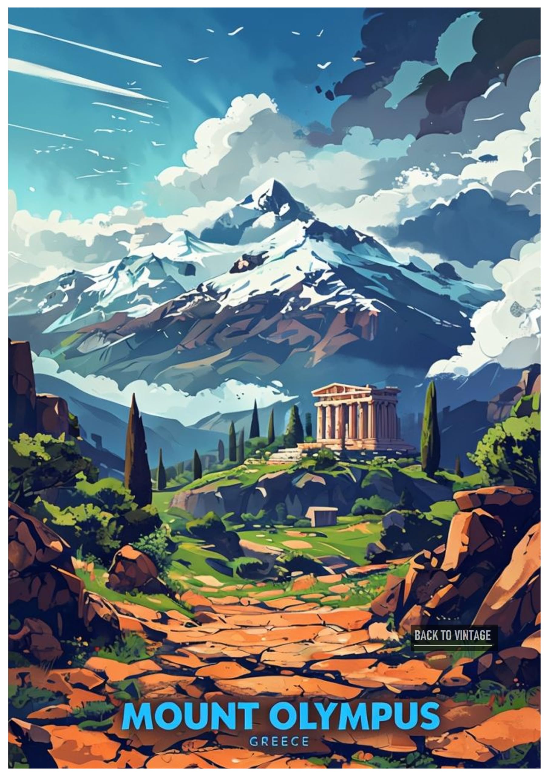 Vibrant Digital Illustration Of Mount Olympus In Greece - Retro Europe Travel Poster A4 Size Vintage Wall Art Print of Famous European Destinations Ideal for Home or Office Decor