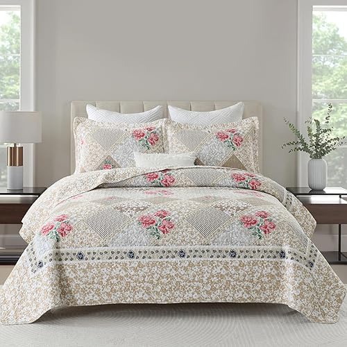 Miniatura 1 de Finlonte Colcha de tamaño Queen de gran tamaño, 100% algodón, juego de ropa de cama tamaño grande, color marrón y gris, a cuadros, ligero,