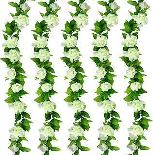Huryfox Künstliche Blumen Girlanden - 5 Stränge 230cm Lange Kunstblumen Reben für Dekorationen, Künstlicher Weißer Rosen Blumen Bogen mit Realistischem Design für Indoor/Outdoor Hochzeiten, Partys