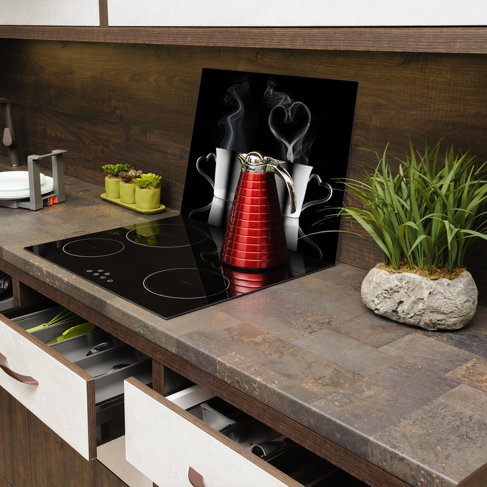 Protection plaque de cuisson, vitrocéramique, verre trempé, pour cuisinières électrique, à induction,planche à découper 60x52 cm une pièce motif "Café" noir